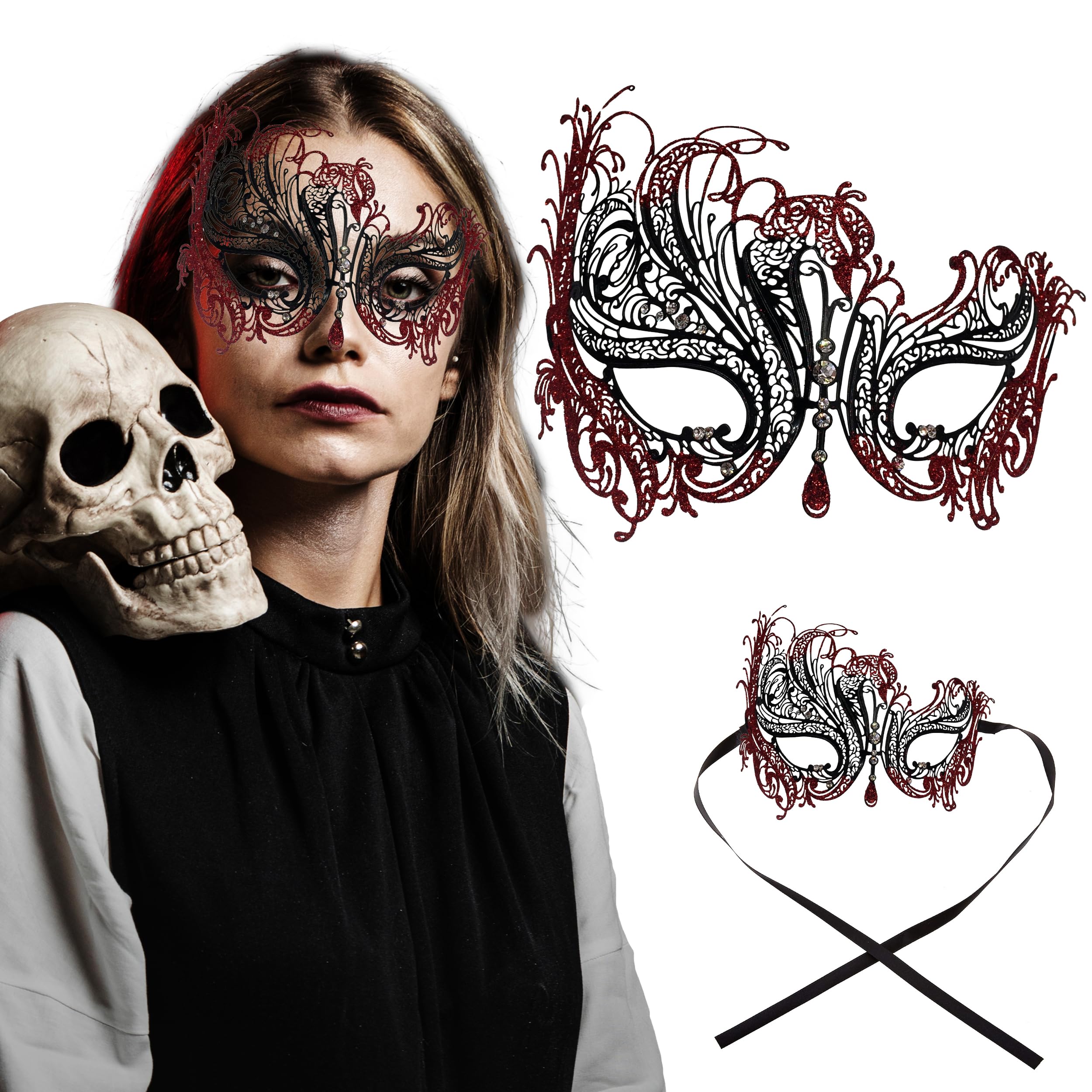 Metal Filigree Masquerade Mask for Women - Swan Style Mask with Rhinestones for Mardi Gras, Prom, Halloween & Venetian Party