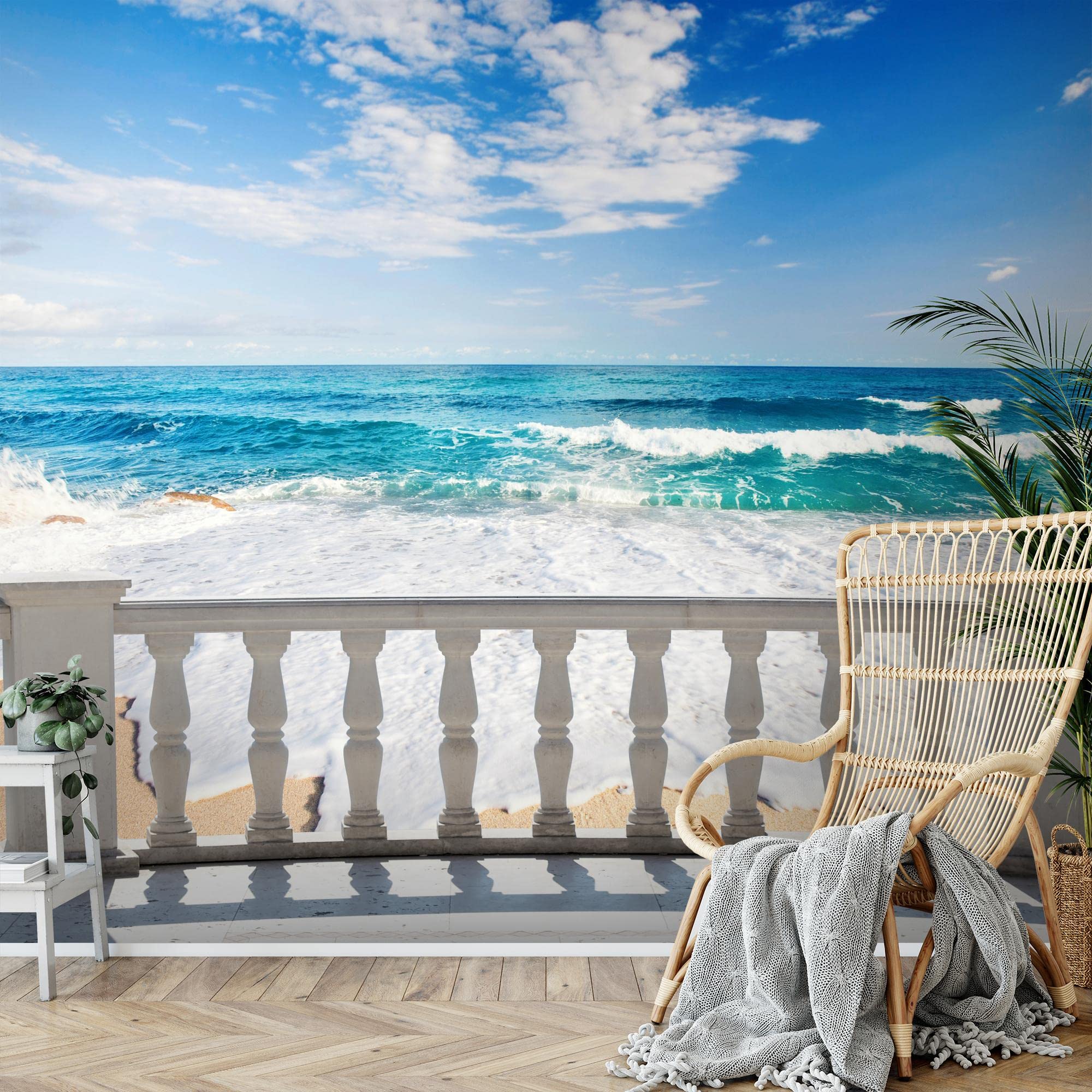 Runa Art Papel tapiz fotográfico Playa terraza del mar Moderna Lana Sala Cuarto Salón - Made in Germany - azul beige 9028010a