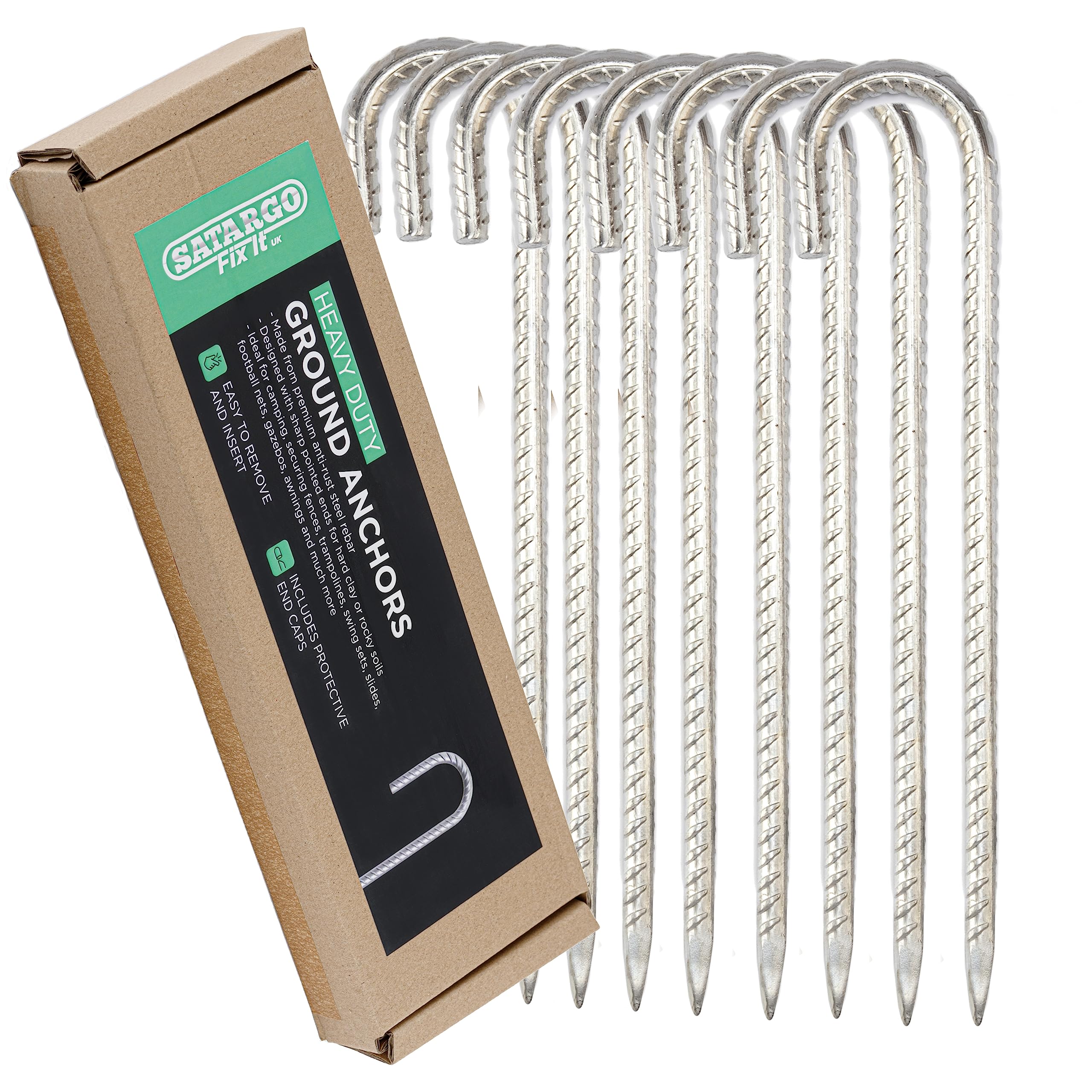 Lot de 8 piquets de tente robustes en acier galvanisé pour sol dur – 30,5 cm – Piquets d'armature en métal pour tente, trampoline, tonnelle – 10 mm d'épaisseur – Piquets d'ancrage en métal J