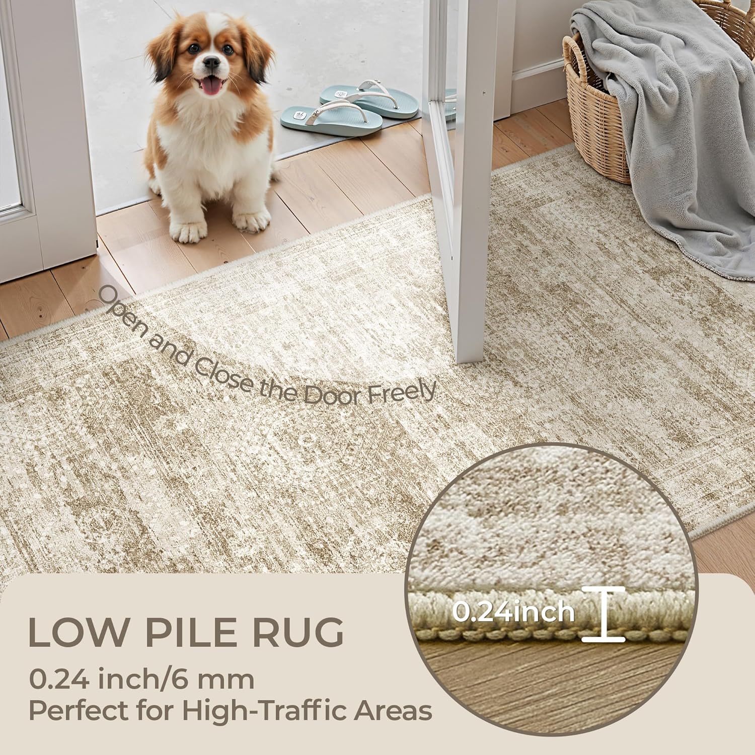 8x10 Area Rugs for Living Room, Non-Slip Backing Large Washable Rug for Nursery Room, Vintage Abstract Bedroom Rugs, Thin Indoor Home Decor Soft Farmhouse Rug (8'x10', Brown/Ivory)