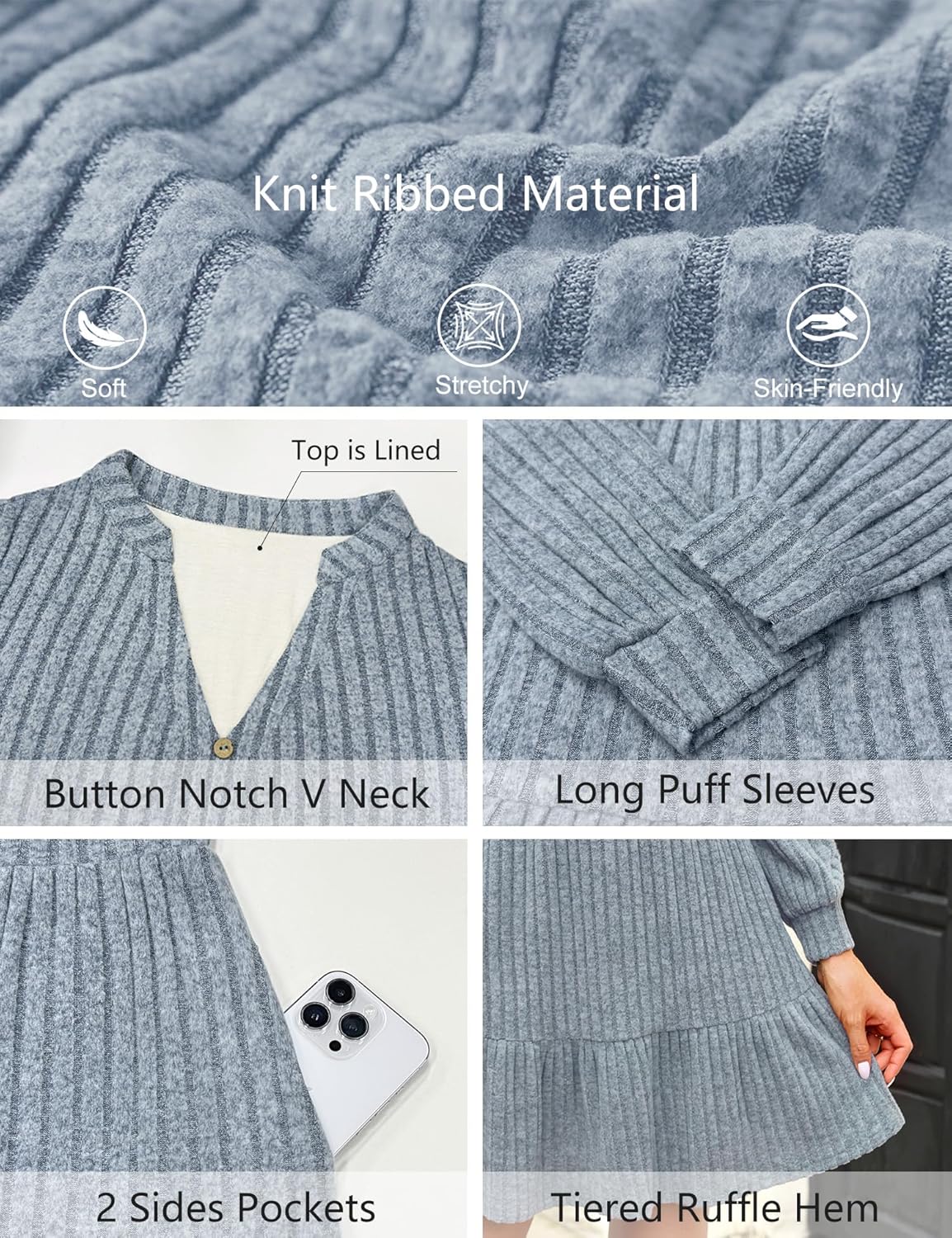 Kranda Women 2026 Spring Long Sleeve Button V Neck Casual Knit Ribbed Winter Sweater Short Mini Dresses with Pockets - Image 6