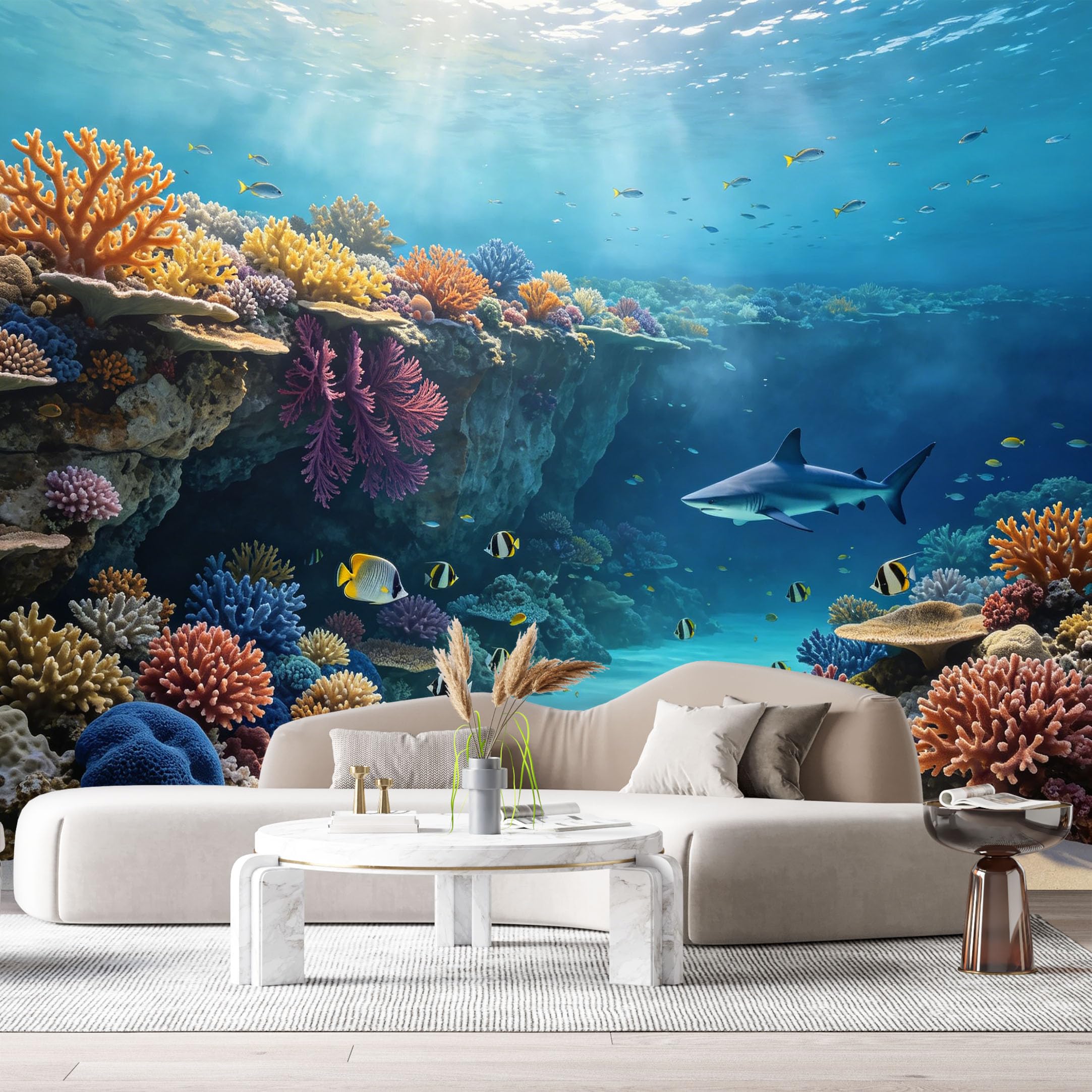 Custom Size Wall Murals Ocean Marine Tropical Coral Reef Shark 3D Underwater World SelfAdhesiveWall Fabric Removable Wallpaper Wall Decor for Living Room Bedroom Bathroom