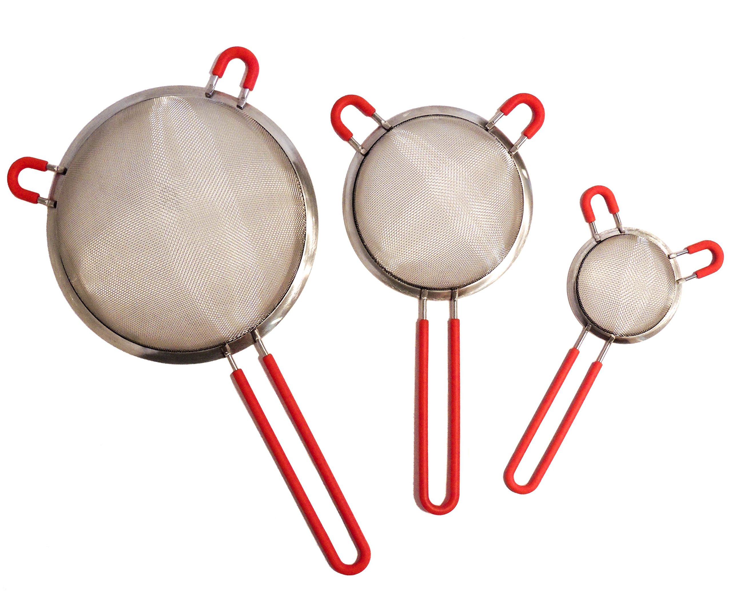 Practical Trends Strainer Sifter Sieve | Premium Grade Stainless Steel Set of 3 with Silicone No-Slip Handles and Deep Mesh for an Easy and Pleasant Cooking, Baking and Sifting Experience