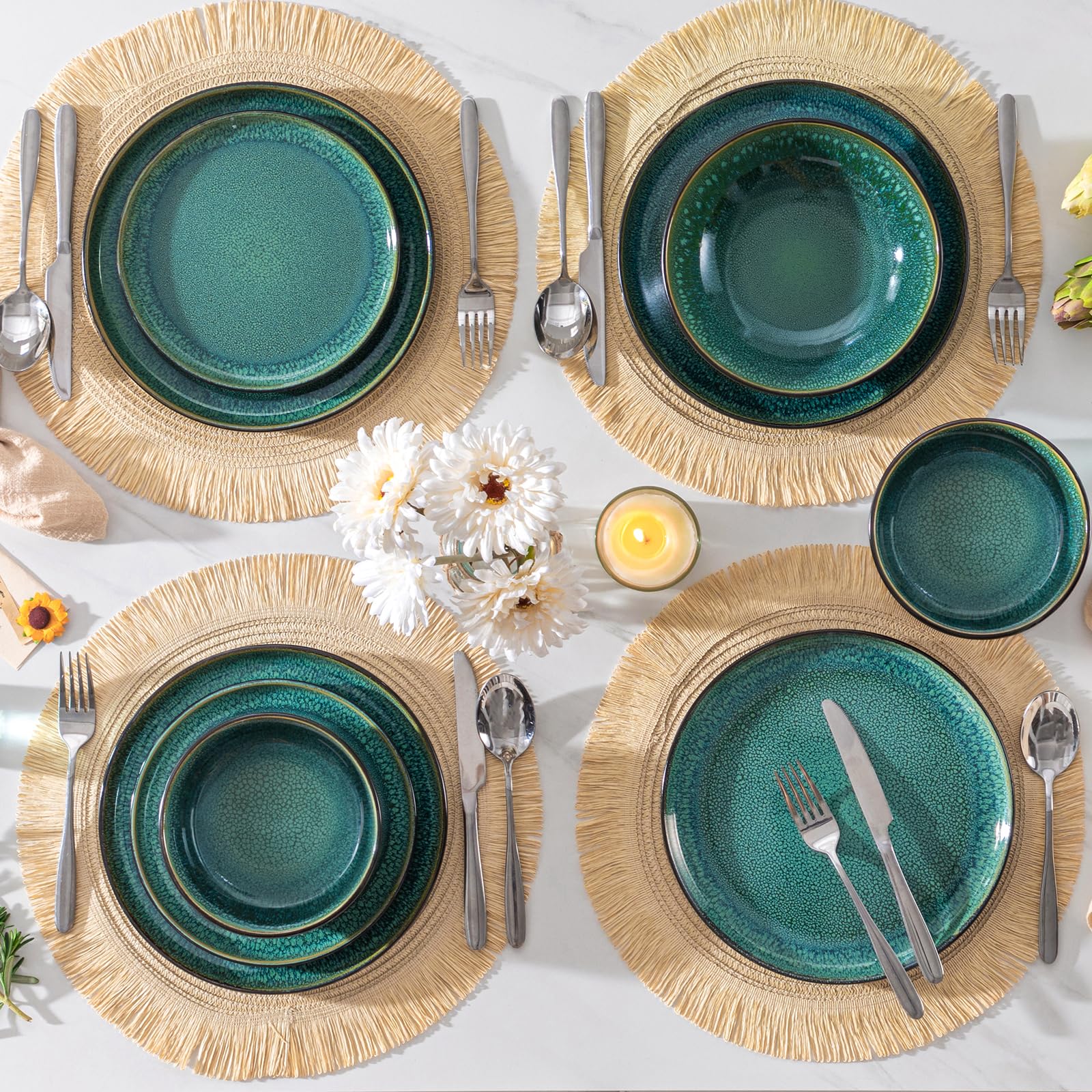 vancasso Série PLAYA Assiettes Service de Table 6 Personnes - Vaisselle 24 Pièces en Grès - 6x Assiettes Plates, à Dessert, Creuses et Bols à Céréales - Adapté au Micro-Ondes - Glaçure Vert