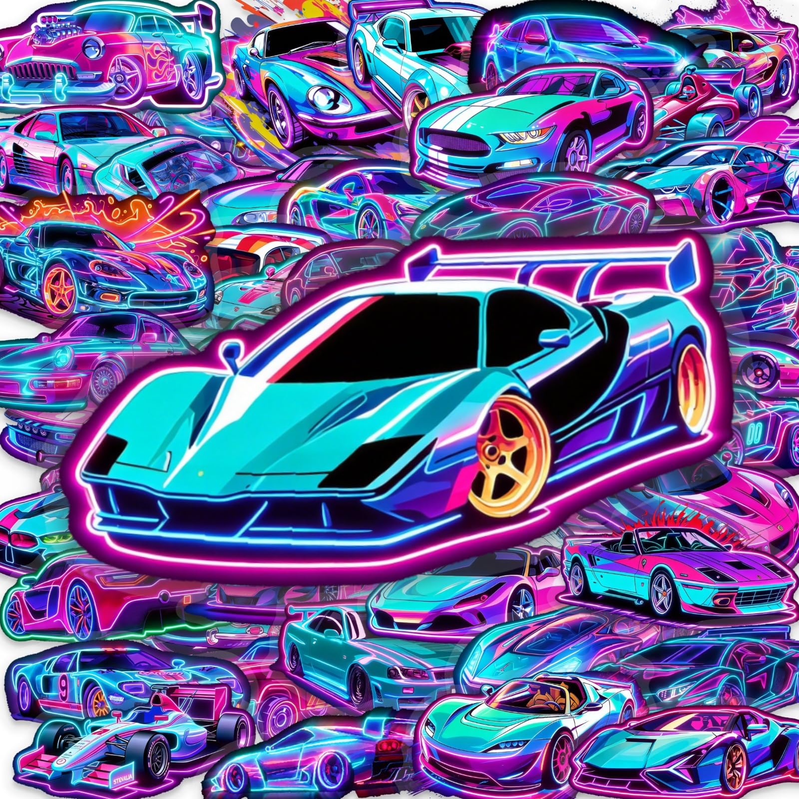 50Pcs Neon Sports Car Stickers Racing Vinyl Decals for Laptops Skateboards Luggage Helmets Bikes and Phones Fans Lovers and Speed Vibe Enthusiasts