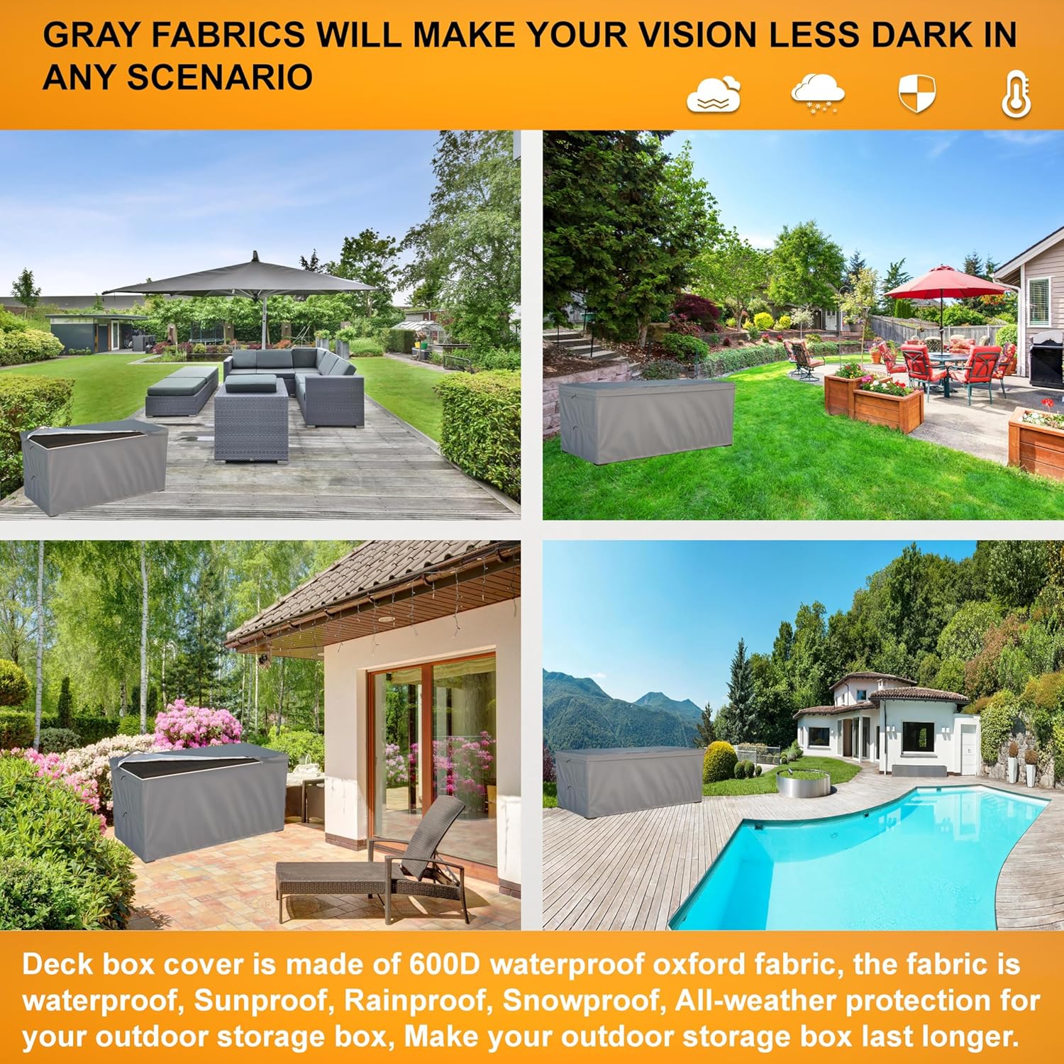 Deck Box Cover - Outdoor Storage Box Cover 150 Gallon, Heavy Duty 600D Oxford Cloth Water And Dust Resistant, Size 62x25x28 Inches Fits Most Patio Box. - Image 7