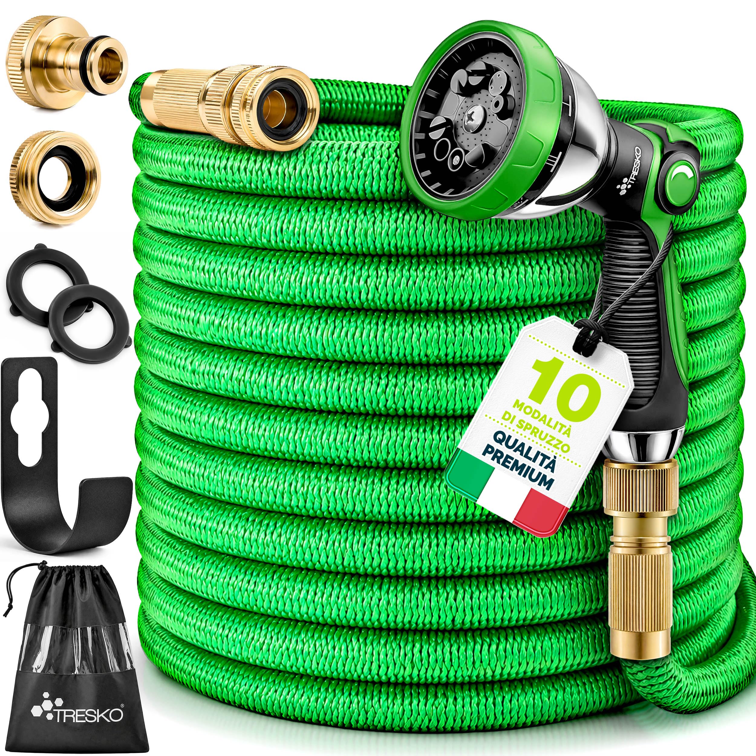 TRESKO Tubo da giardino Espandibile da 15M | Materiale in lattice | Ultra Resistente con Pistola da innaffioa 10 funzioni + Raccordo in Ottone