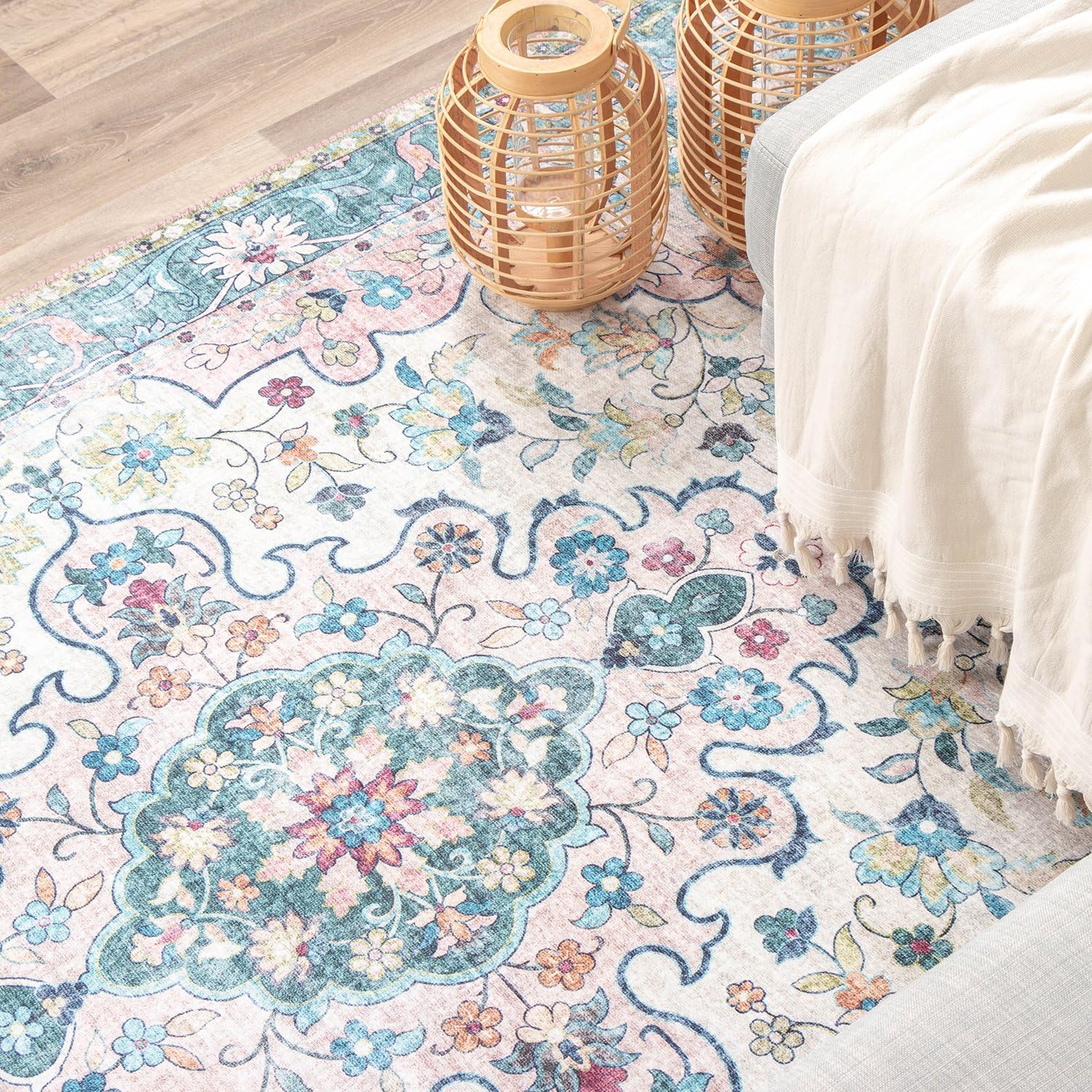 Vintage Teppich - Lily Oriental Blau Rosa - 160x230 cm | Baumwolle - Flachgewebe - Vintage - Klassik - Wohnzimmer, Esszimmer, Schlafzimmer