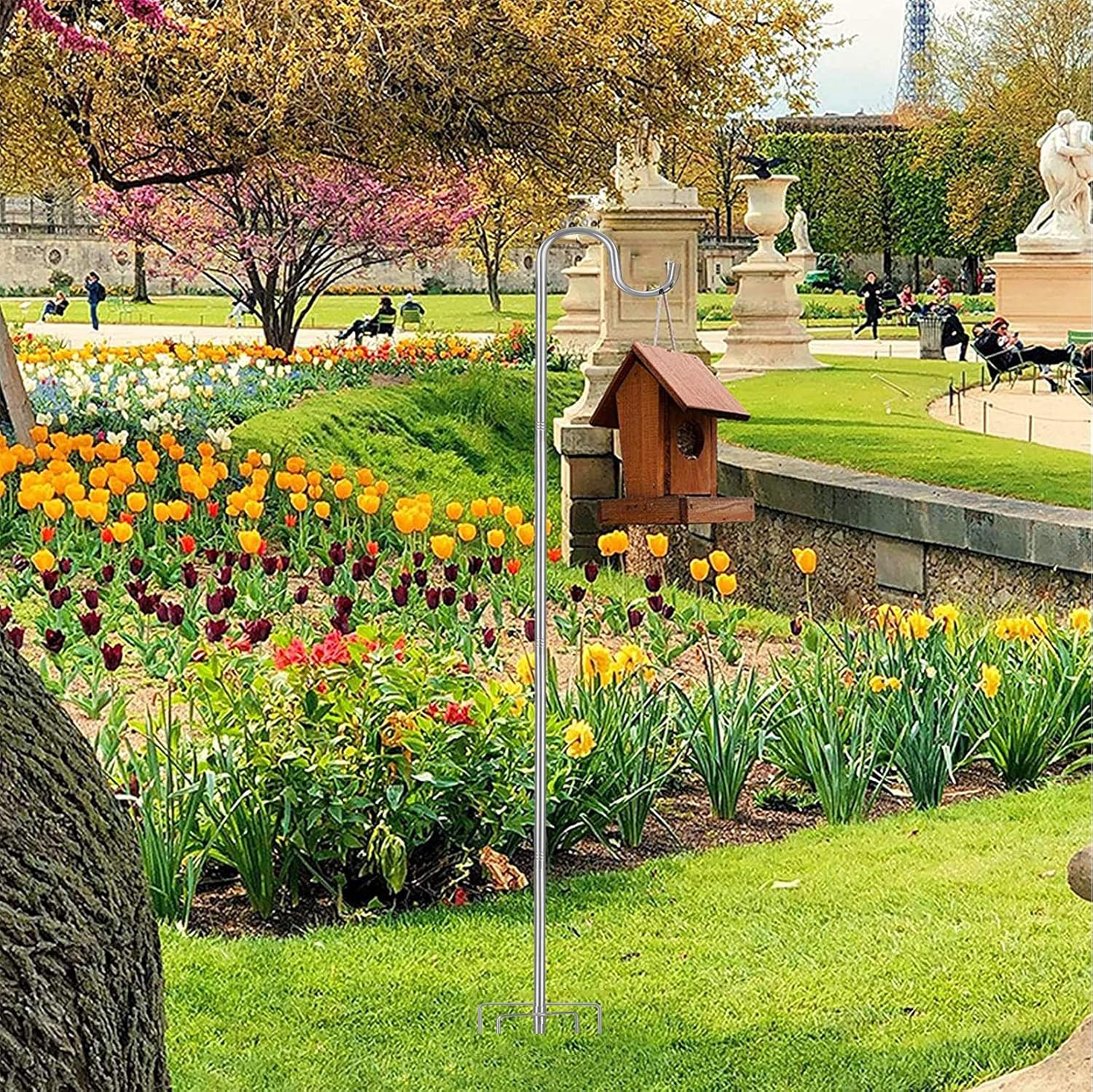 Shepherds Hook for Outdoor, 94 Inch Tall & 5/8 Inch Diameter Stainless Steel Heavy Duty Poles to Hang Outdoor Lights with 5 Prongs Base, Suitable for Bird Feeders or Wedding Decors(1pack)