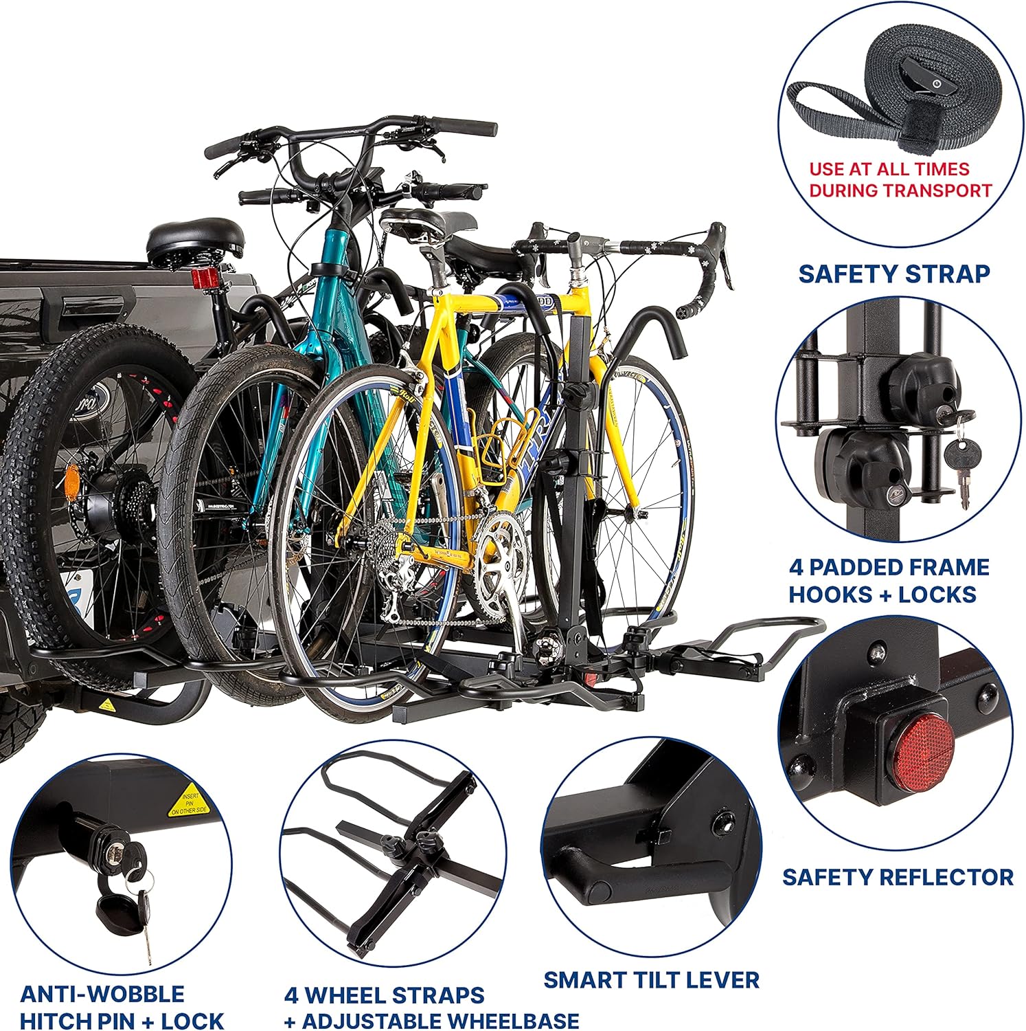 KAC Overdrive Sports K4 2” Hitch Mounted Rack 4-Bike Platform Style Carrier for Standard, Fat Tire, and Electric Bicycles – 60 lbs/Bike Heavy Weight Capacity - Smart Tilting – RV Use Prohibited : Sports & Outdoors
