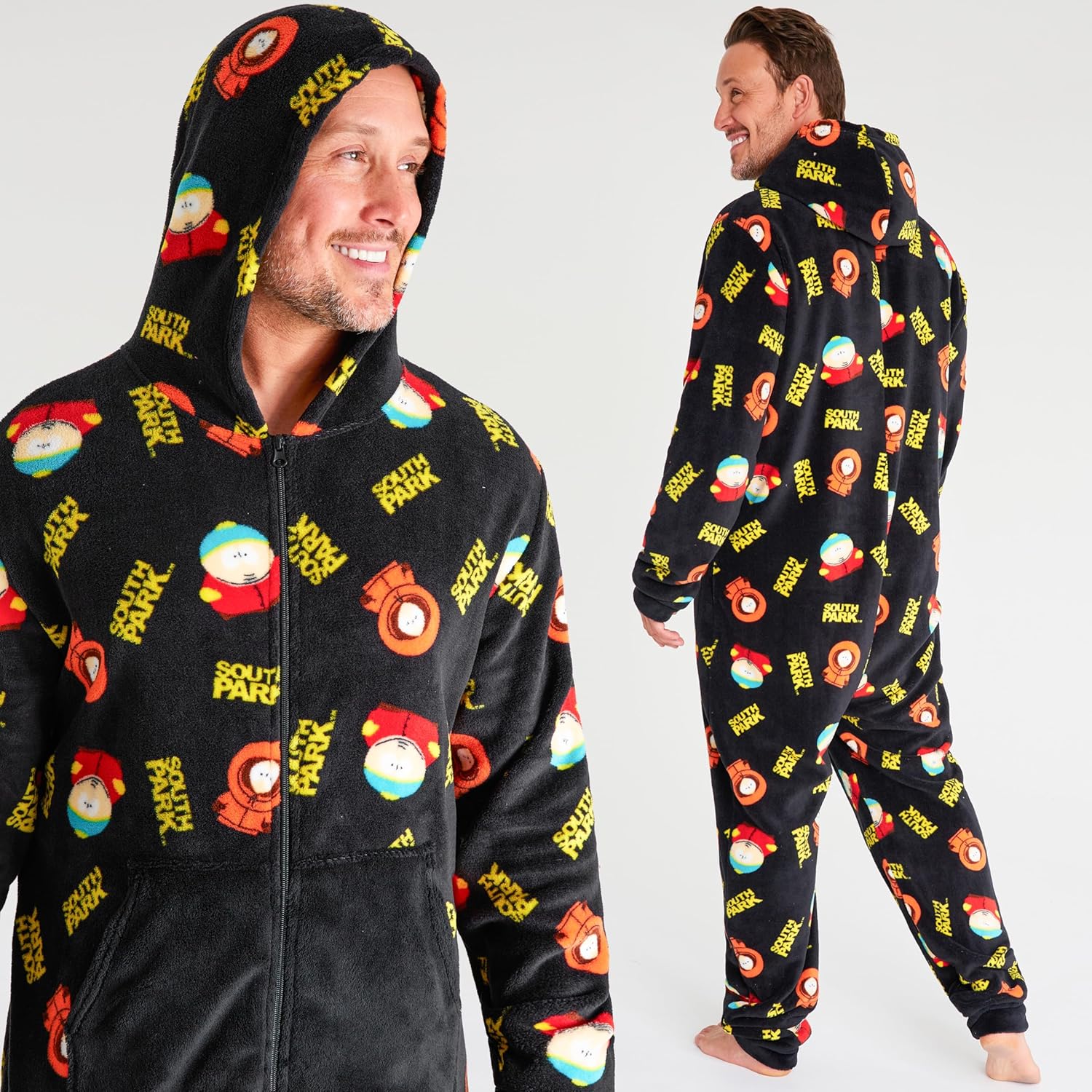 South Park One Piece Pajamas for Men Teens Fleece Hooded Jumpsuit PJs Cozy Loungewear Soft Sleepwear Funny Gifts for Men