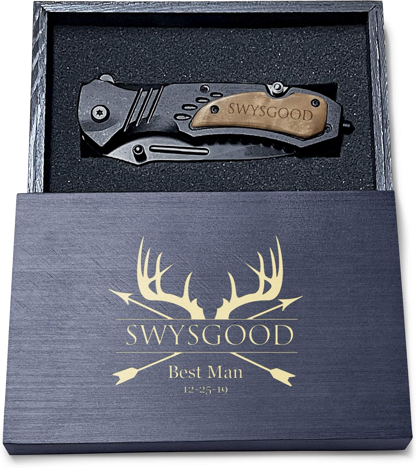 Deer Antlers Design Engraved Pocket Knife, 4.5" Folding Knife for Men With Wooden Black Box, Laser Engraved Hunting Knife