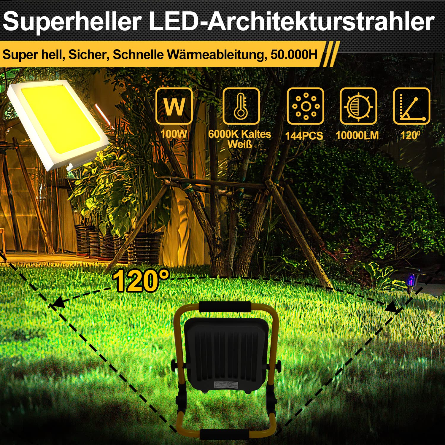 Reflektor budowlany LED, lampa robocza 100 W, 10000 lm, reflektor LED Floodlight z kablem 3 m i wtyczką, wodoszczelność IP66, lampa do użytku wewnątrz i na zewnątrz, na plac budowy, garaż, warsztat, zimna biel