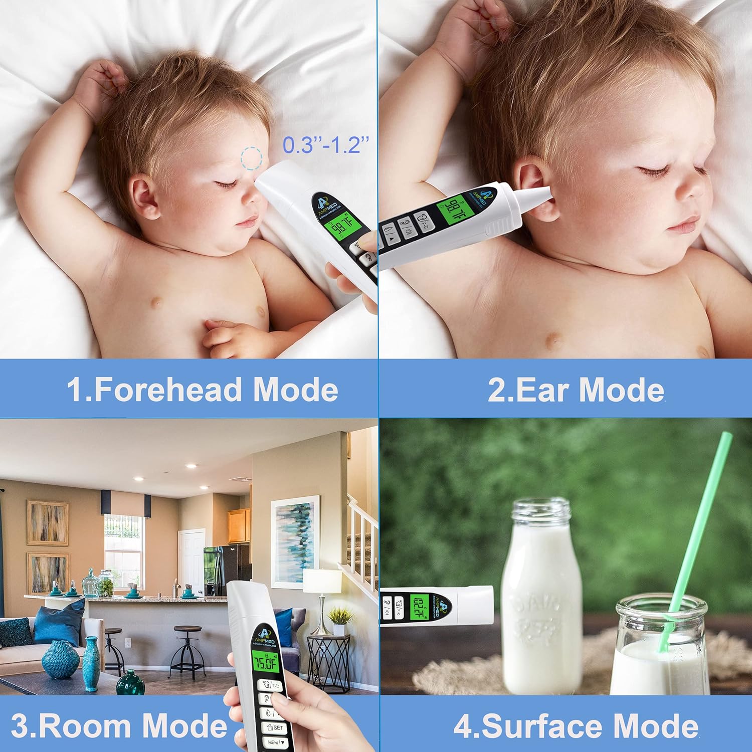 Amplim Medical Grade Digital Infrared Forehead & Ear Thermometer Bundle Pack for Adults, Kids, and Baby