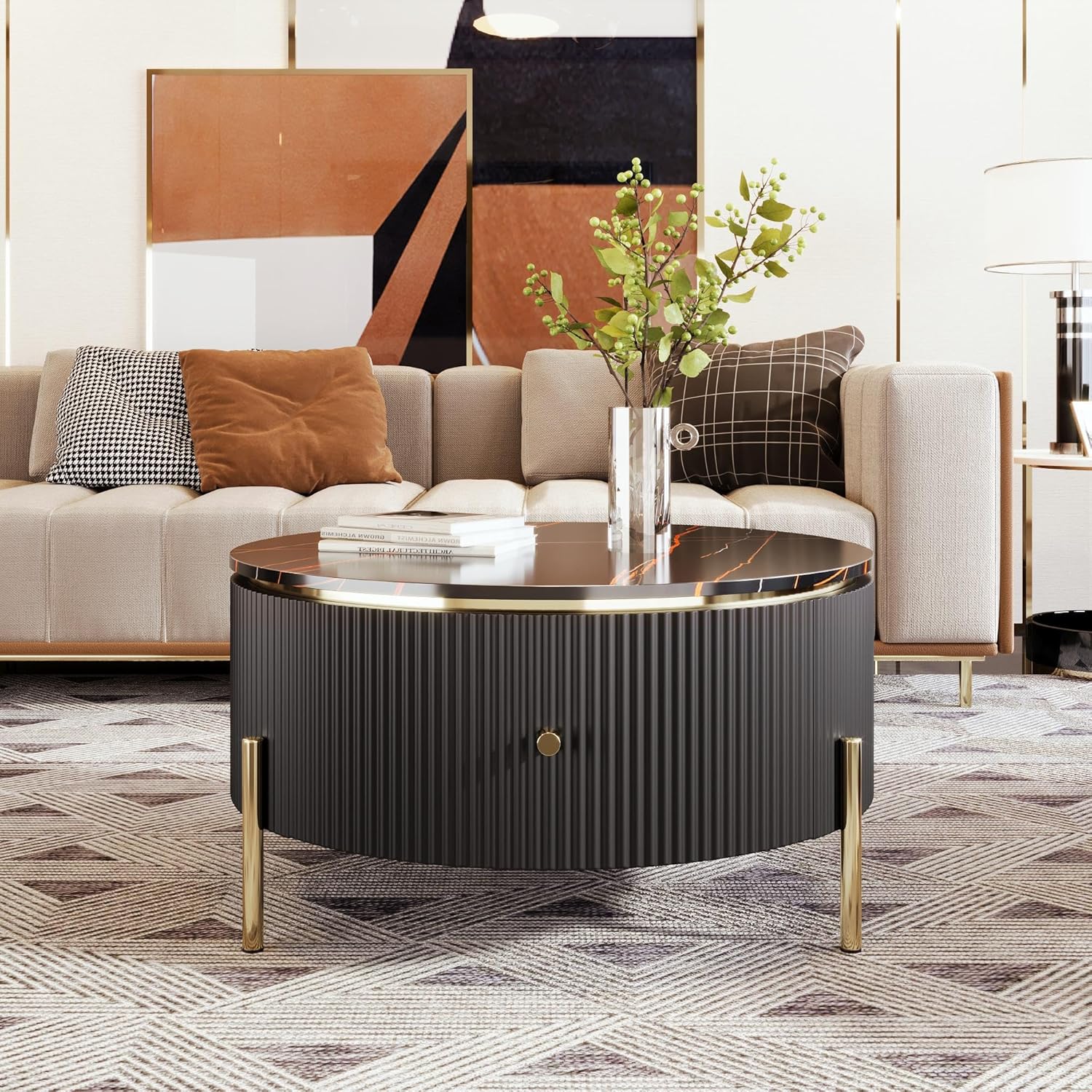GDFStudio Koase Modern Round Coffee Table with 2 Large Drawers, 31.5" Marble Pattern Storage Accent Table, Golden Legs, Sleek Living Room Furniture for Home Decor, Black