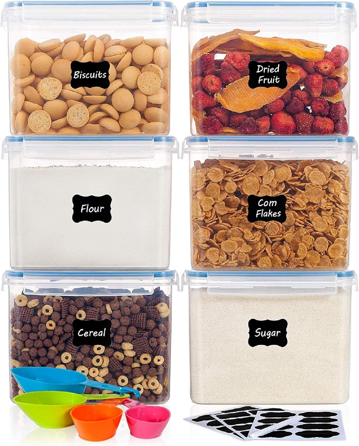 Airtight Food Storage Containers with Lids- HOOJO 6 Pcs (3.3QT / 3.6L) Plastic Containers for Flour, Cereal and Bulk Dry Food, BPA Free Storage Containers for Kitchen Pantry and Snacks, Blue