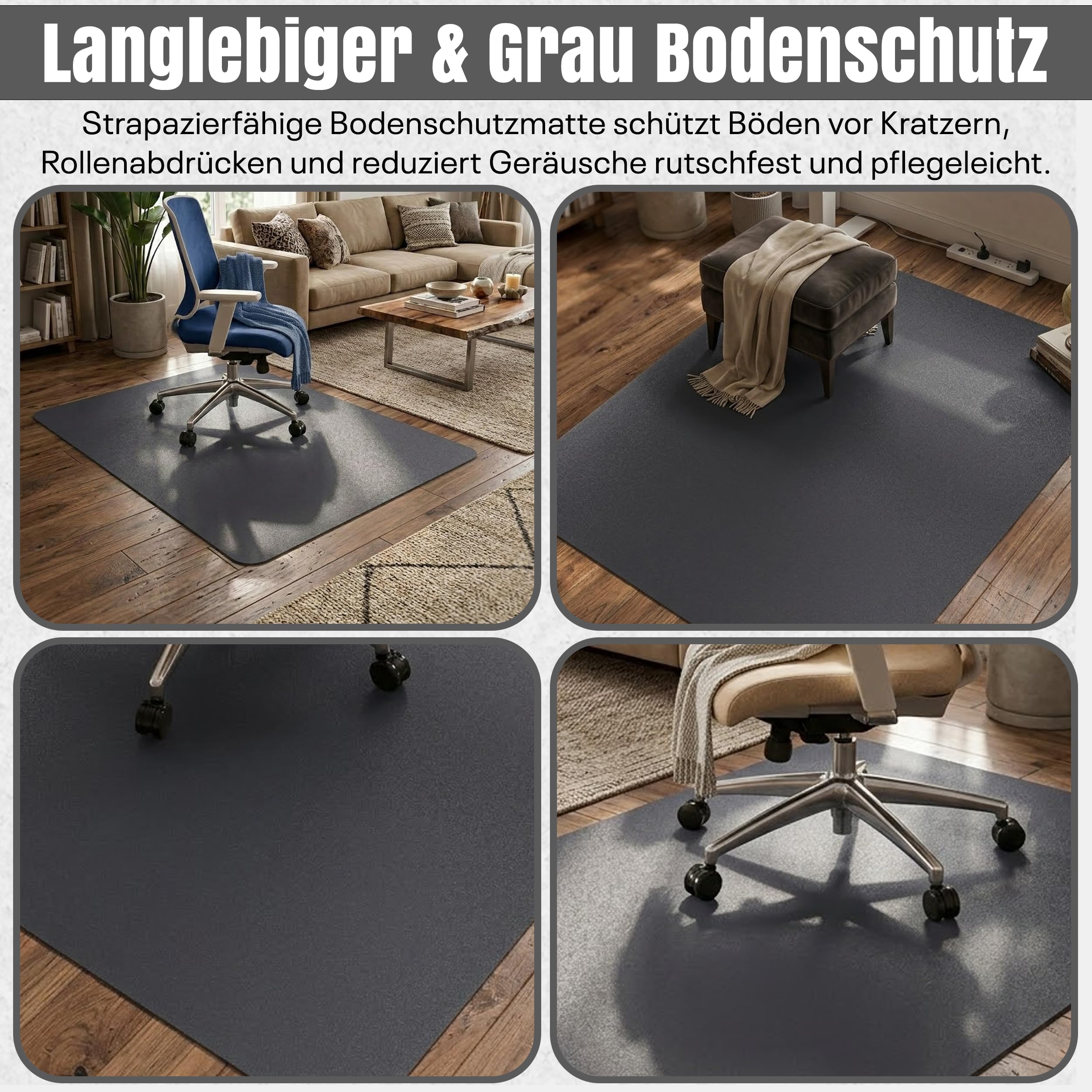 LP Projekt Bodenschutzmatte 117x153cm – rutschfeste und strapazierfähige Bürostuhlmatte für Hartböden und Teppich | Grau Bodenschutzmatte für Zuhause & Büro | Erhältlich in verschiedenen Größen