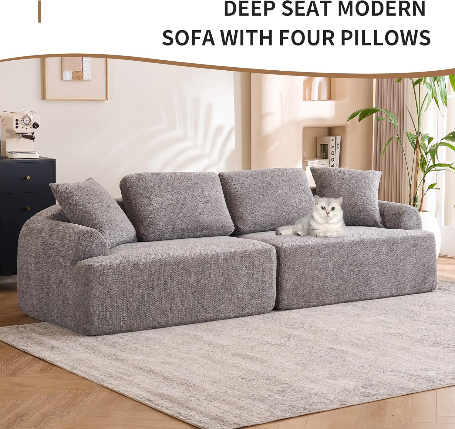 102 Inch 4 Seater Cloud Couch,Compression Modular Sectional Sofas,Crochet Yarn Fabric Couches with 4 Pillows, Free Combined Sofa for Home Living Room Office