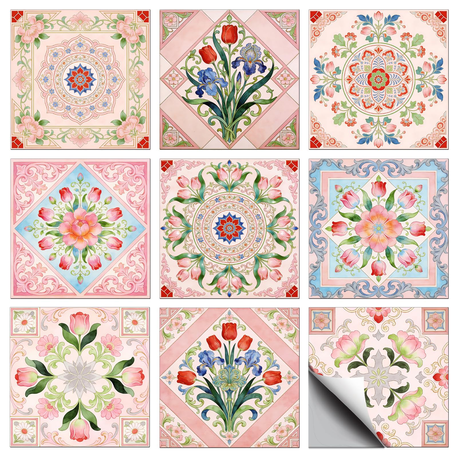 CONCHLERY 36 Pcs 9 Styles Pink Flowers Patten Tile Sticker Wall Tile Stickers Tulips Waterproof Self Adhesive Stick on Decals for Kitchen Bathroom Wall Art 4×4 Inch