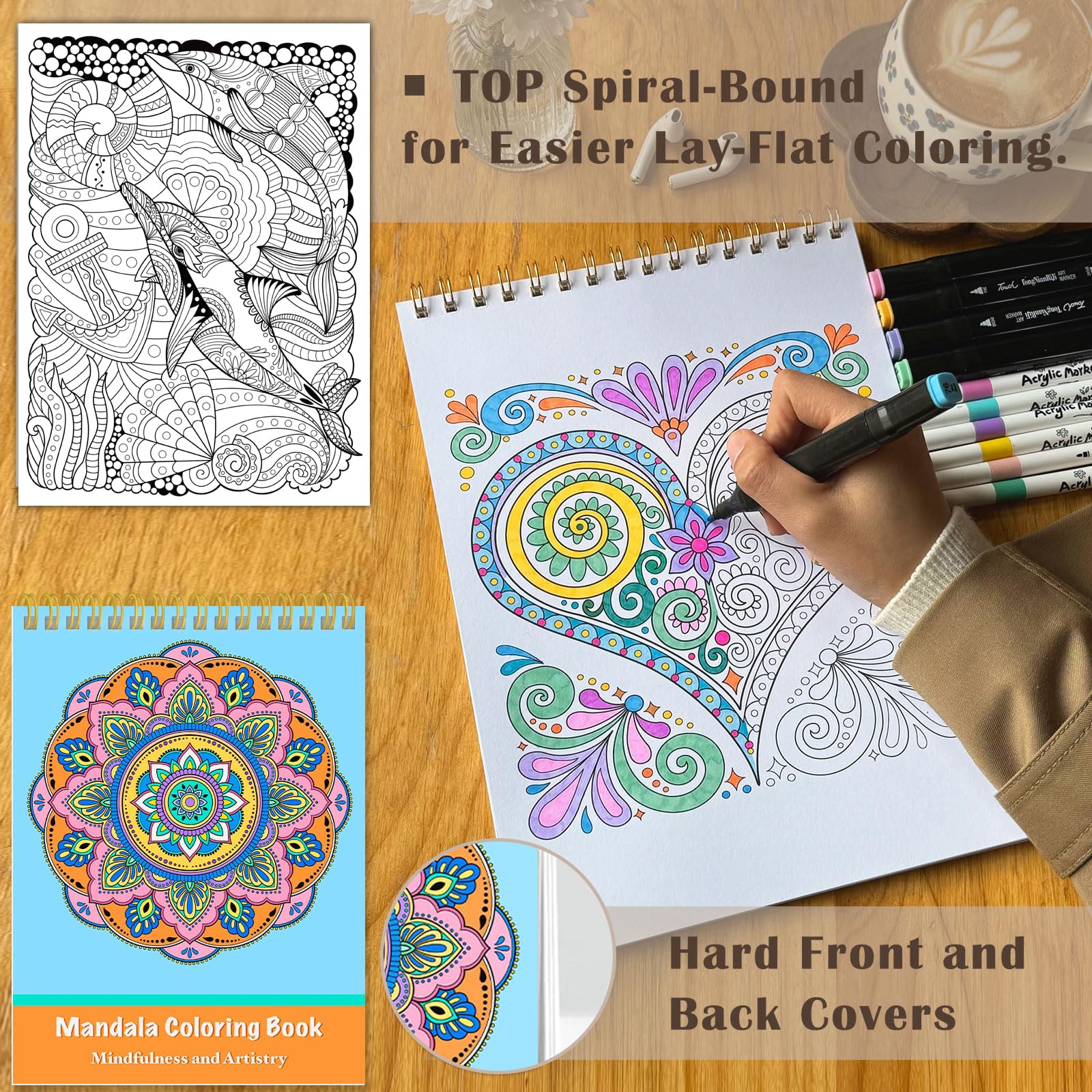 LORHAKI Malbuch-Set für Erwachsene, 3 Spiralbindungen, Mandala, von der Natur inspiriertes Tier-Malbuch, 200 g/m², kein Ausbluten, dickes Papier, optimal für Entspannung und Stressabbau, für Damen,