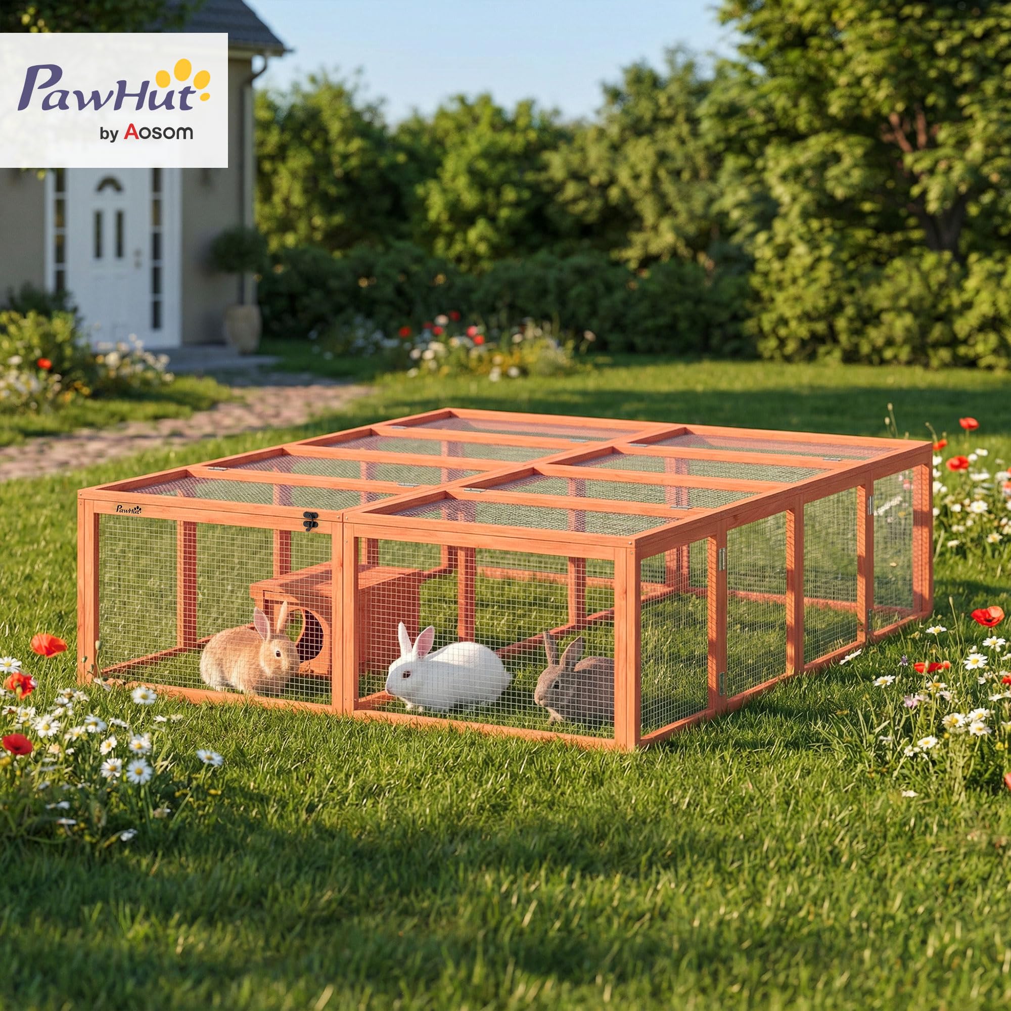 PawHut Freilaufgehege Kaninchenstall aus Holz mit 2 Türen 180,4 x 150 x 48 cm Hasenstall mit Unterschlupfhaus Freigehege für 2-4 Zwergkaninchen Zwergmeerschweinchen Enten Orange