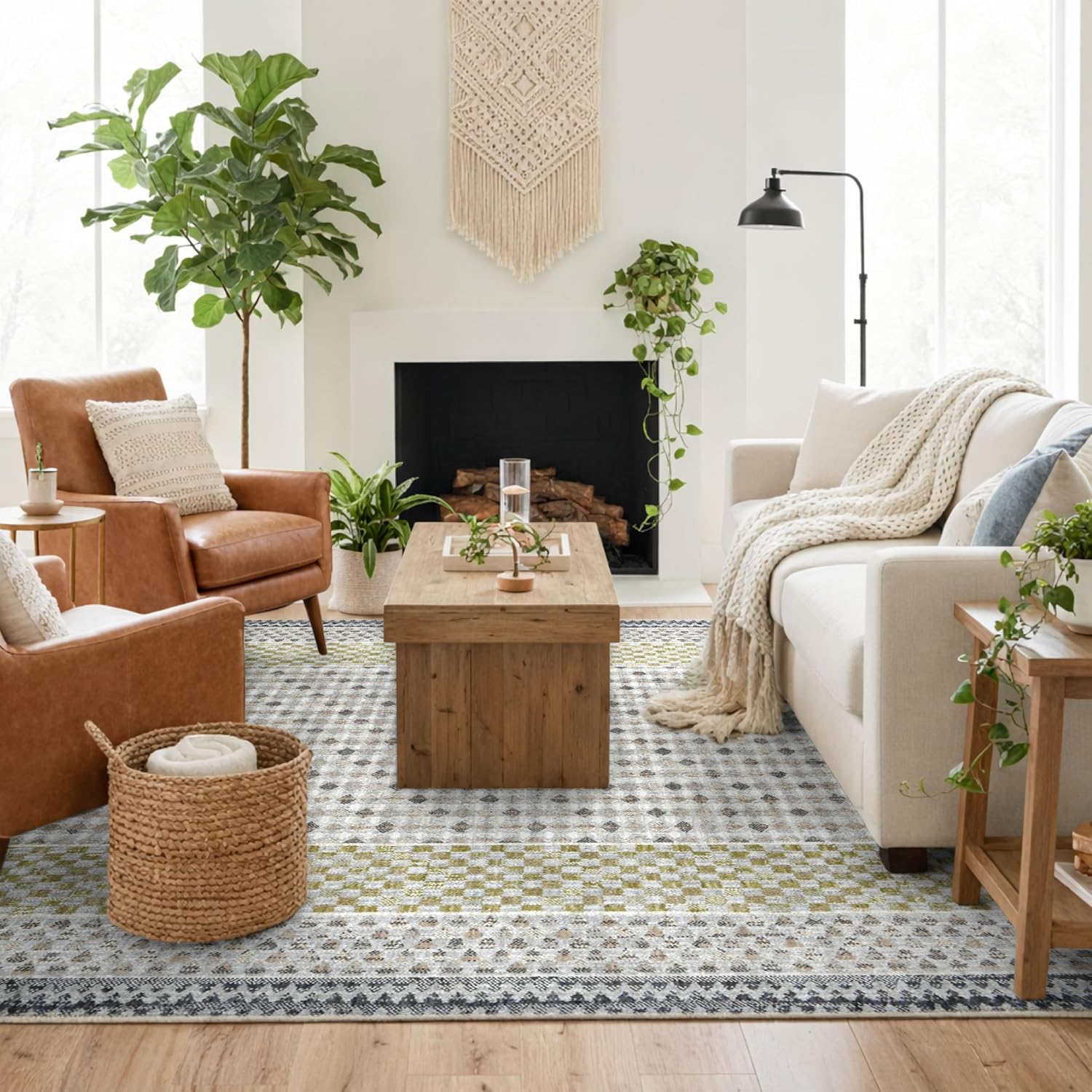 Well Woven Washable Area Rug 5x7 - Wynn Modern Plush Rug for Living Room & Bedroom, Ivory Multi, Refined Banded Pattern, Made with Recycled Yarn, Stain Resistant Pet Friendly Carpet - Coda Collection