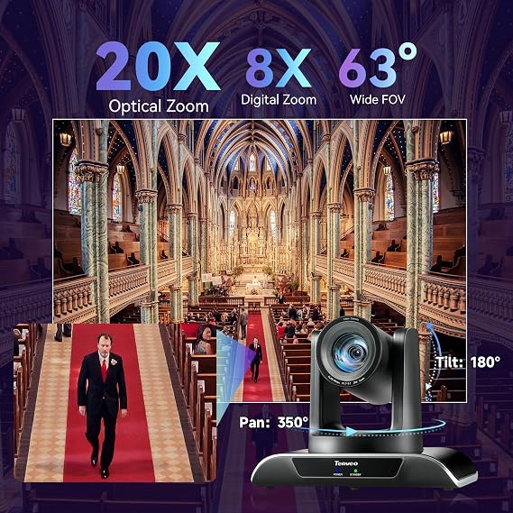 Tenveo HDMI/USB3.0/LAN(PoE) PTZ Camera AI Humanoid & Face Auto-Tracking, AI Gesture Control, 20X Optical Zoom PTZ Camera IP Live Streaming, FHD 1080P 60FPS, for Church Services Worship Live Streaming