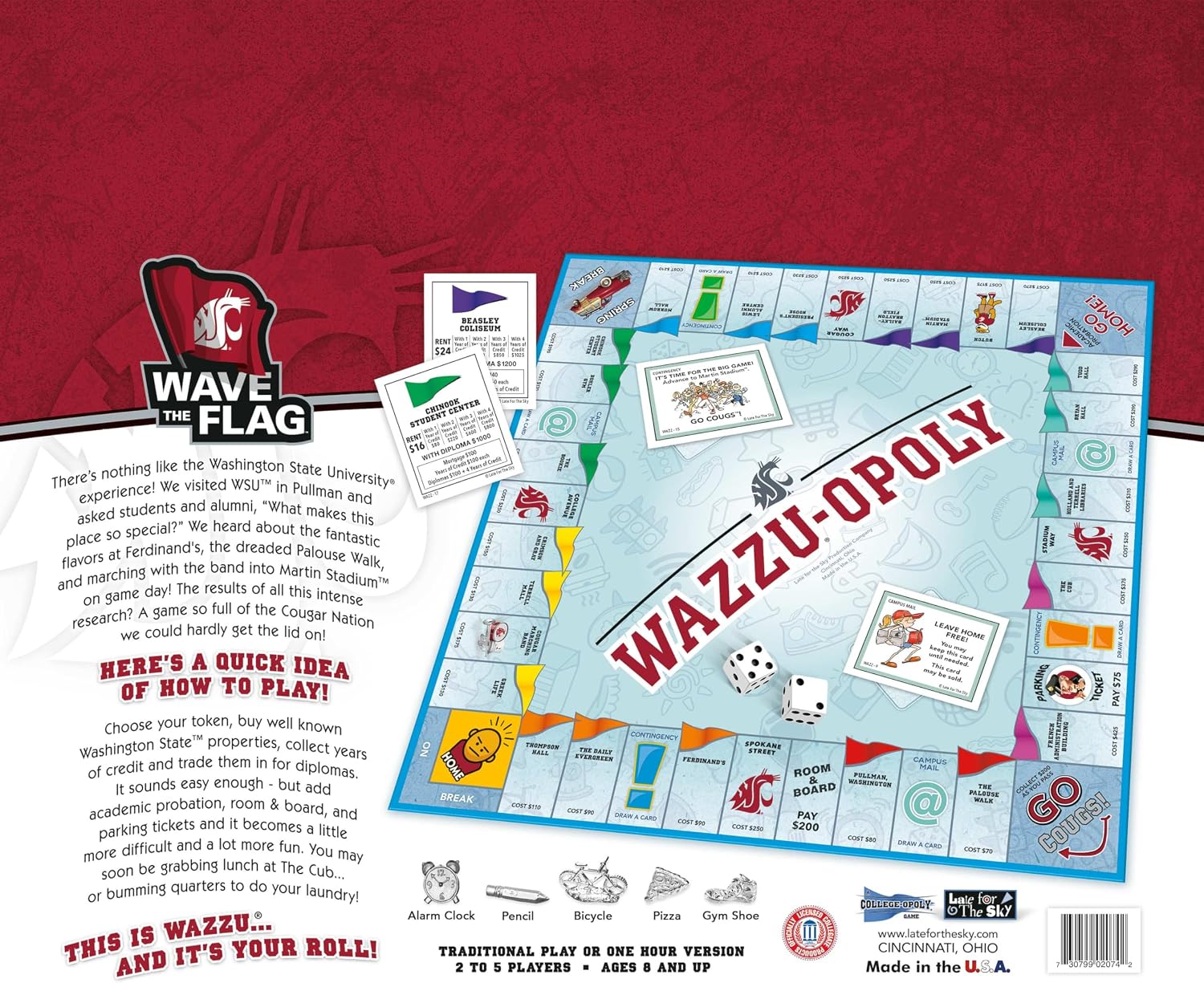 Late for the Sky Wazzuopoly Washington State University Board Game, Opoly-Style Edition for Alumni, Students & Families, 2-6 Players, One-Hour Mode, Tokens Landmark Properties