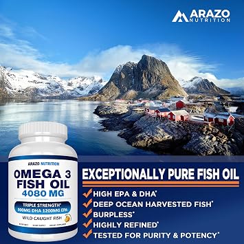 Arazo Nutrition Wild Caught Omega-3 Fish Oil Concentrate 4,080mg per Serving High EPA 1200mg & DHA 900mg 60 Burpless Lemon Softgels