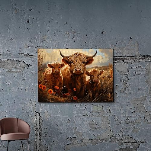 Highland Cow Wall Art, This Is Our Happy Place Inspirational Canvas Poster for Home, Long Haired Scottish Cow with White Flower Picture Farmhouse