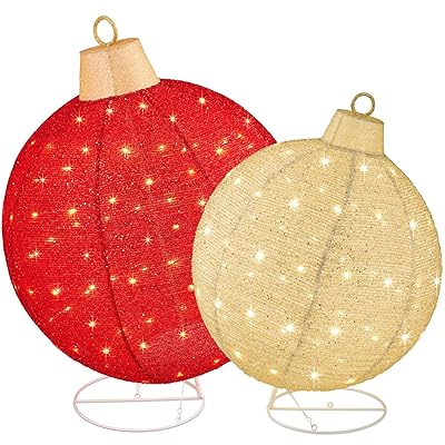 Best Choice Products 2pc Lighted Pop-Up Outdoor Christmas Ornament Set, Holiday Ball Decoration w/ 220 LED Lights, 8 Light Functions - Red/Gold