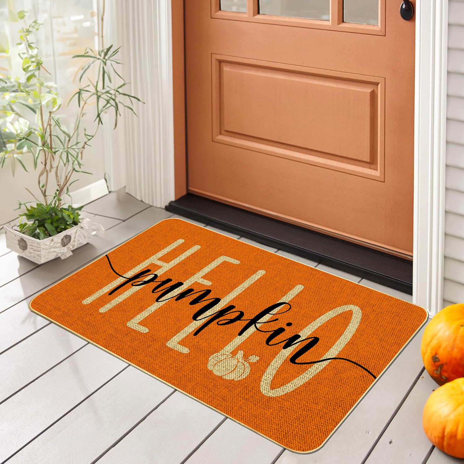 Hello Pumpkin Door Mat Welcome Decorative, Autumn Thanksiving Pumpkin Farmhouse Outdoor Indoor Patio Entrance Door Mats Low Profile Non Slip Outside Inside Floor Mat Rugs for Home Decor 29x 17Inch