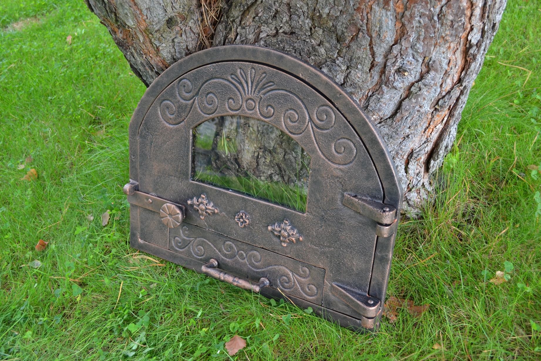 Porta per forno in ghisa 52,5x3,50x43,50 cm con vetro rame SEZAM