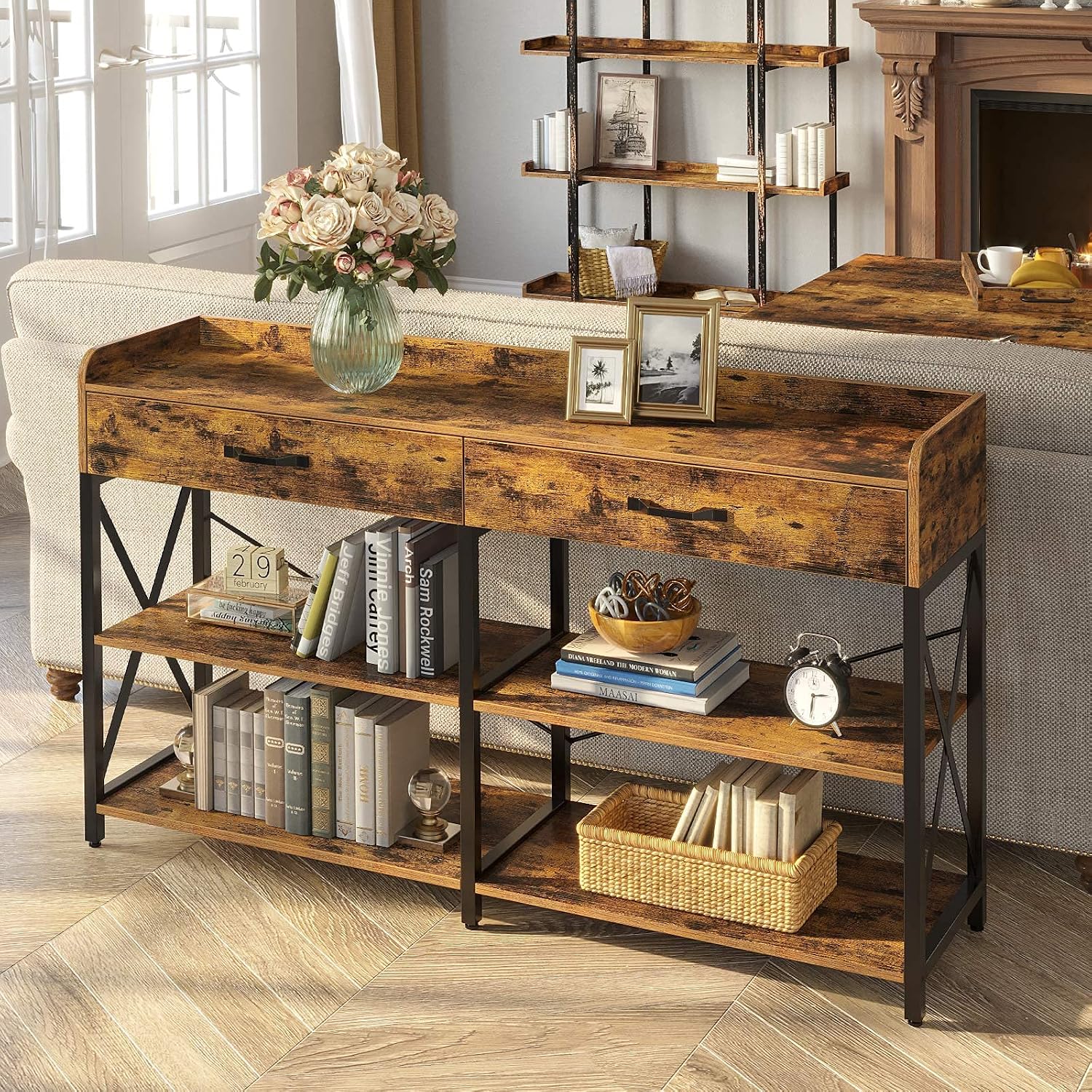 Rolanstar Console Table with Drawers and Shelves 55”, Entryway Table with Storage Sofa Table with Stable Metal Frame for Living Room,Hallway and Front Hall, Farmhouse Style, Rustic Brown
