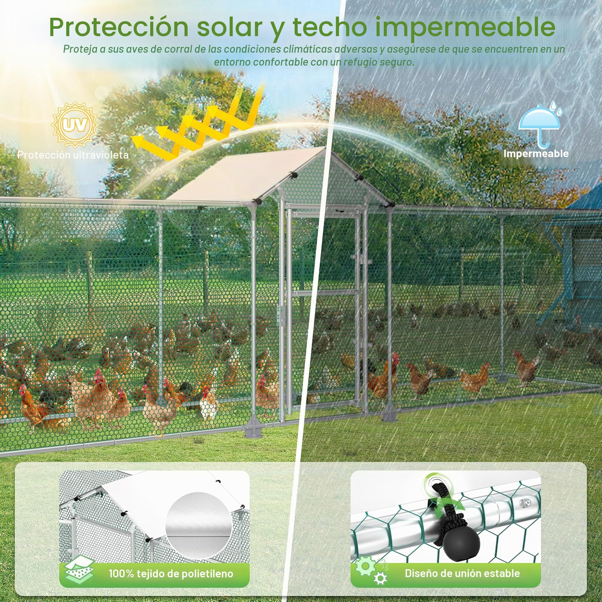 UISEBRT Gallinero para gallineros, 4 x 1 x 1,5 m, estructura de acero galvanizado, con cerradura para gallinas, animales pequeños