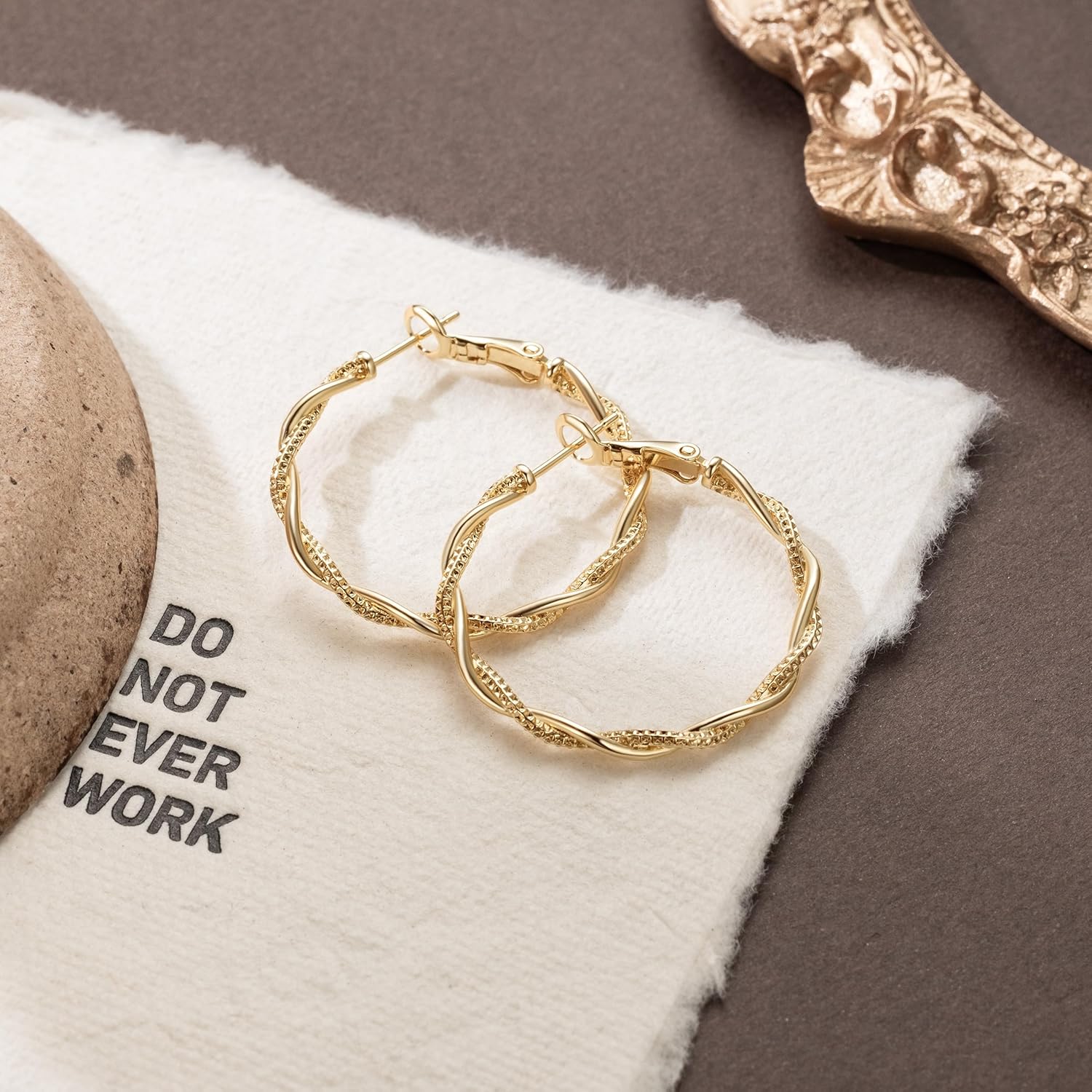 Gold Hoop Earrings for Women 14K Gold Earrings for Women Hoop Earring for Womens Hoops Twisted Design with Sculpted Texture Hoops Earring for Womens 34mm - Image 3