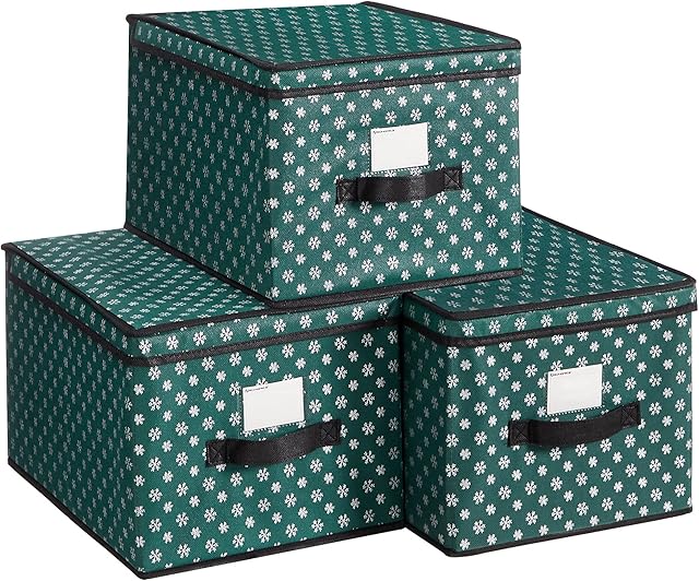 SONGMICS Storage Boxes with Lid, Set of 3, Folding Boxes with Labels for Christmas, Fabric Boxes with Snowflakes Pattern for Closet, 30 x 40 x 25 cm, Green RFB003G02