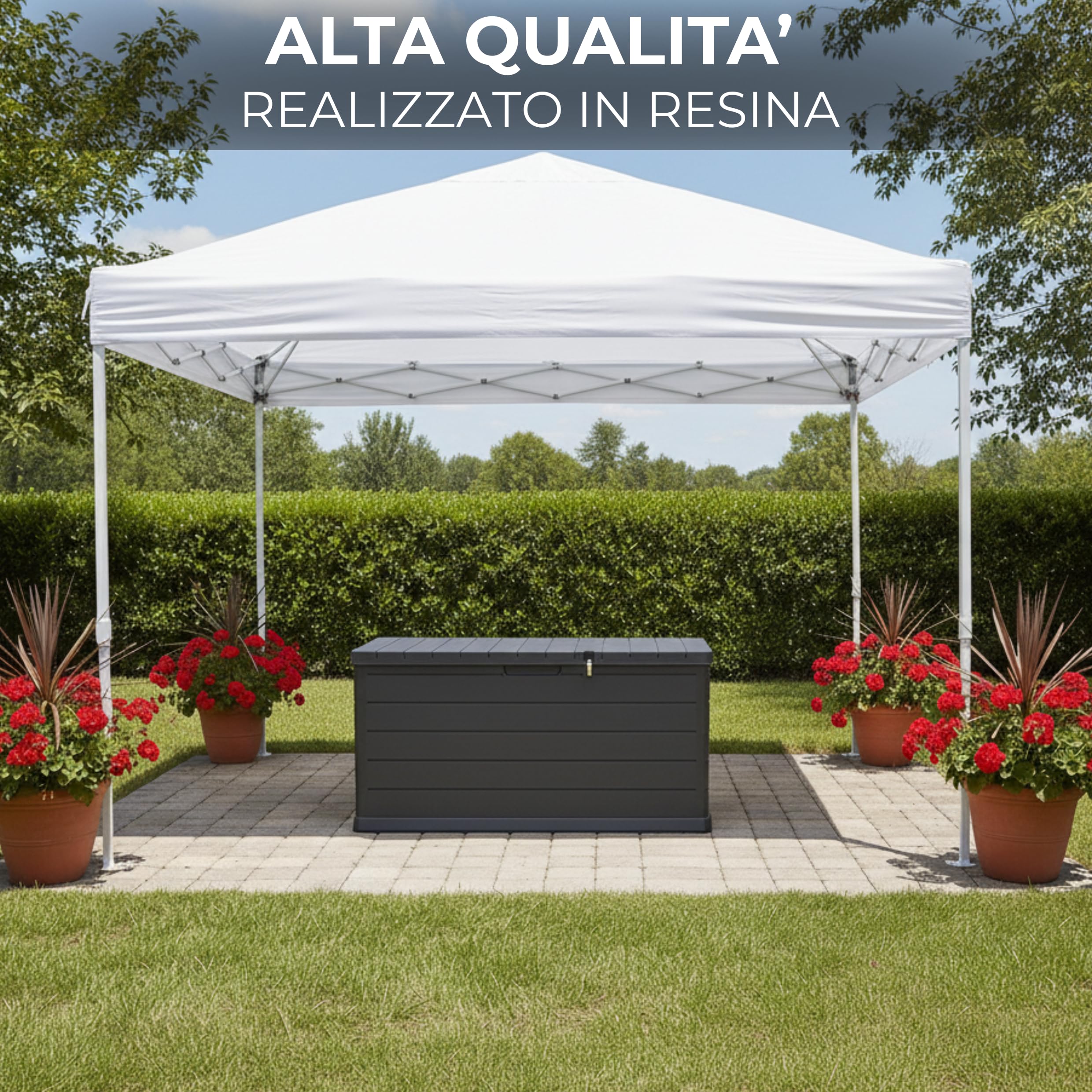 Baule Cassapanca in Resina Antracite Design Moderno Effetto Doghe Contenitore Oragnizzatore Multiuso Ideale per Ambienti Interni Esterni Giardino 118x52x57 cm