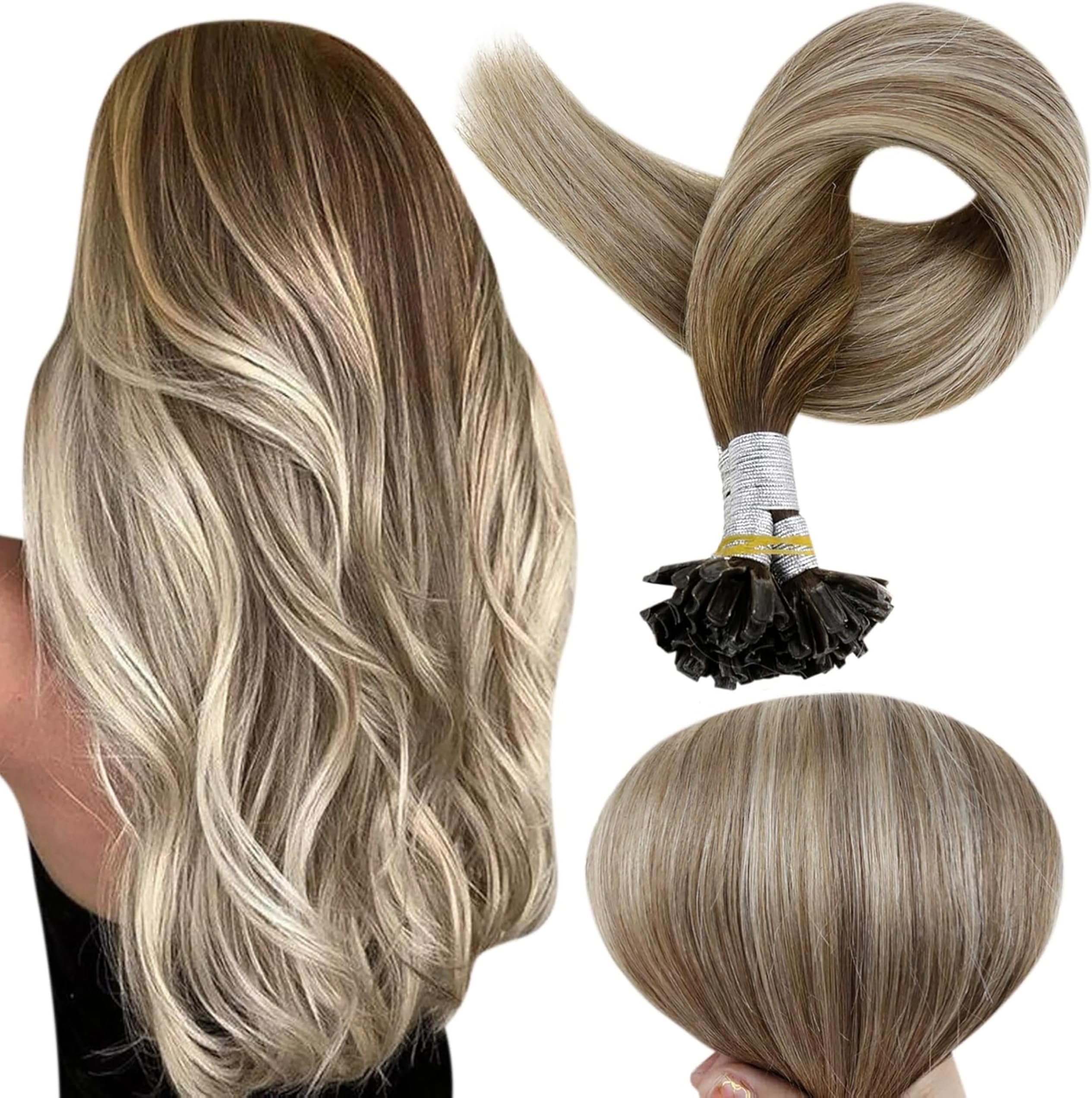 Full Shine U Tip Hair Extensions Real Human Hair 18 Inch Ktip Human Hair Extensions Balayage Color 3 Fading to 8 Ash Brown and 22 Blonde Fusion Extensions 50 Grams Pre Bonded Remy Hair for Wedding