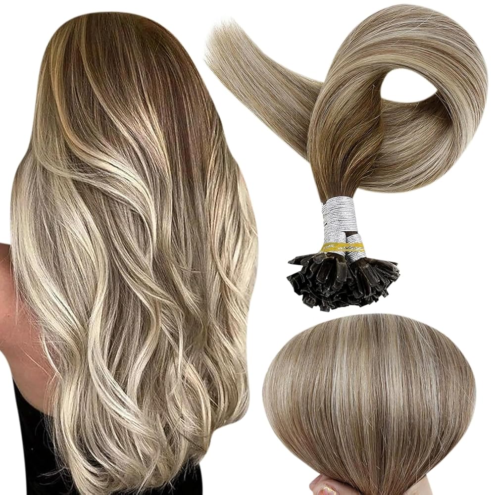 Full Shine K Tip Hair Extensions Real Human Hair 3 Medium Brown Ombre to 8 Ash Brown and 22 Honey Blonde U Tip Hair Extensions Human Hair 40 Grams 14 Inch Remy Hair for Women