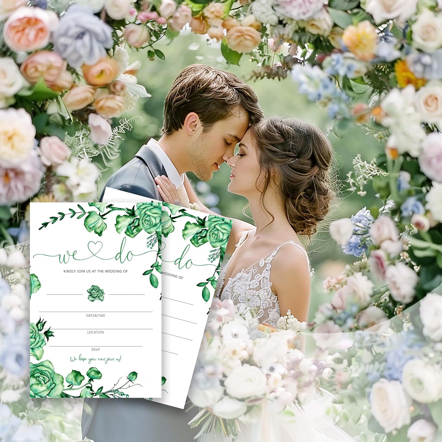 4x6 We Do Green Floral Wedding Invitation Set – Emerald Green Rose & Eucalyptus Greenery Wedding Invitations for Bridal Couples.(206)