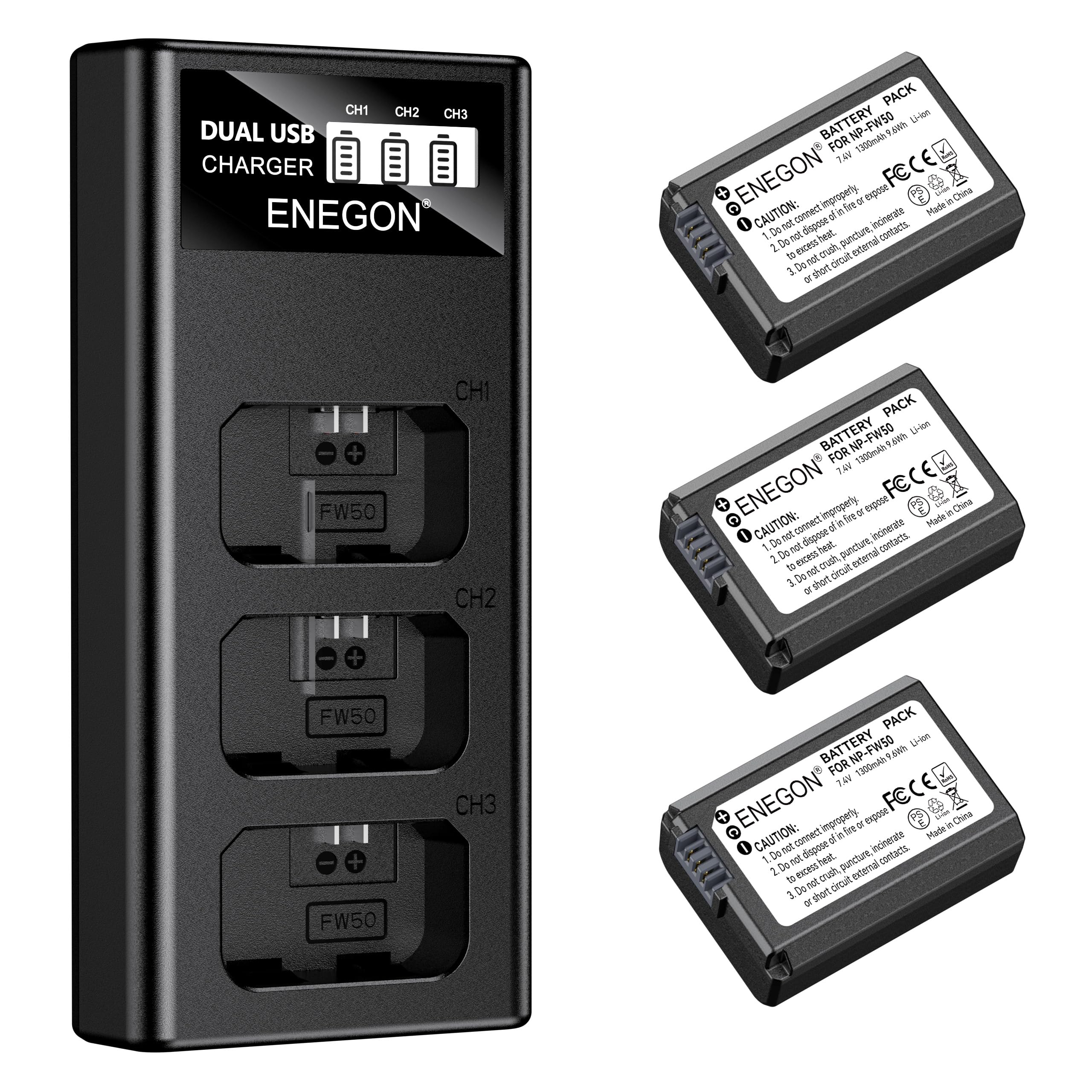 ENEGON NP-FW50 Lot de 3 batteries 1300 mAh et chargeur LCD 3 baies pour Sony Alpha A6000 A6300 A6400 A6500 ZV-E10 7RM2 A7SM2 A7M2 A7 II A7R II A7S II A5000 A5100 A5100 3000 g. RX10 II III IV NEX-3/5