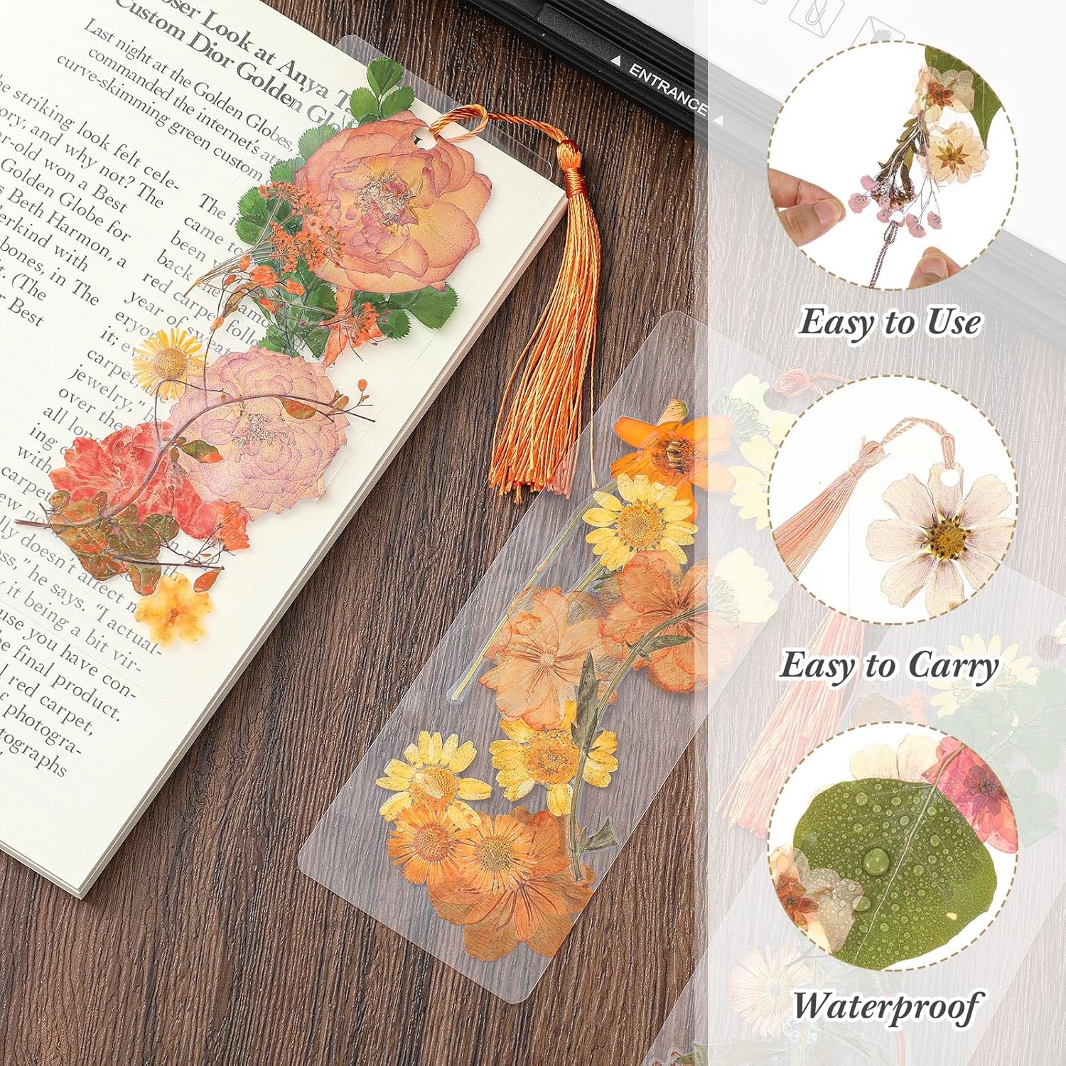 Fuyoooo 376 Pcs Dried Flower Bookmark Making Kit, DIY Bookmark Laminating Pouches with Tassels and Puncher DIY Project Gifts for Mother's Day Women Book Lovers (Orange Yellow,2 x 6 Inch)