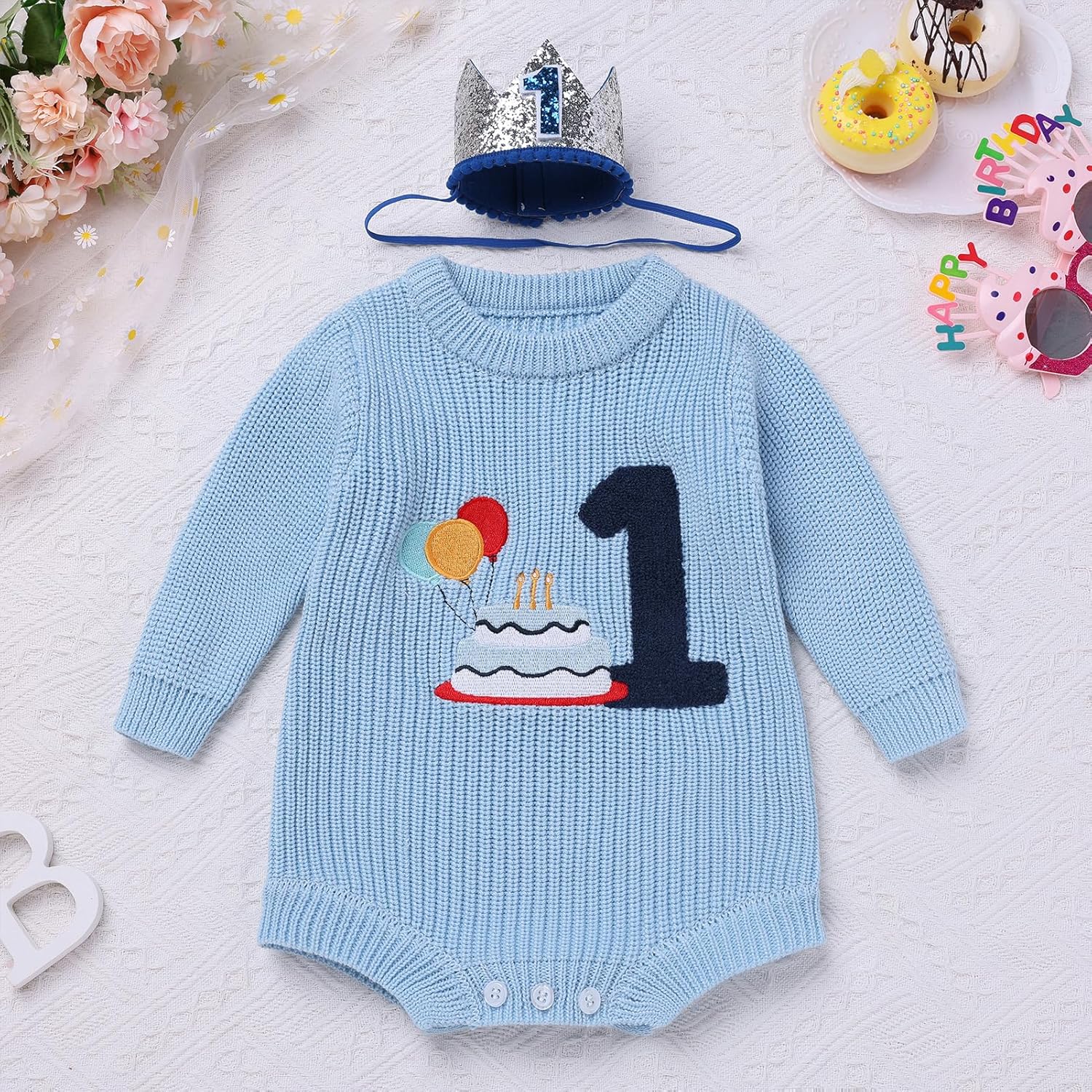 IMEKIS Baby Boy 1st Birthday Outfit Sweater Romper with Crown Fall Winter Snowflake One Cake Smash Photo Shoot Clothes