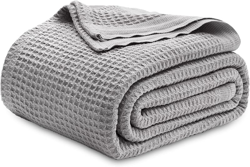 Bedsure 100% Cotton Grey Blanket Queen Size for Bed - Cooling Breathable and Soft for Summer, Thick Cozy Waffle Weave Blanket Gifts for Women, 90x90 Inches