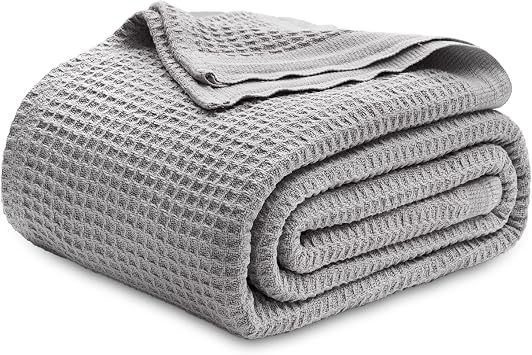 Bedsure 100% Cotton Blanket, Waffle Weave, Queen Size, Grey, 90"x90"