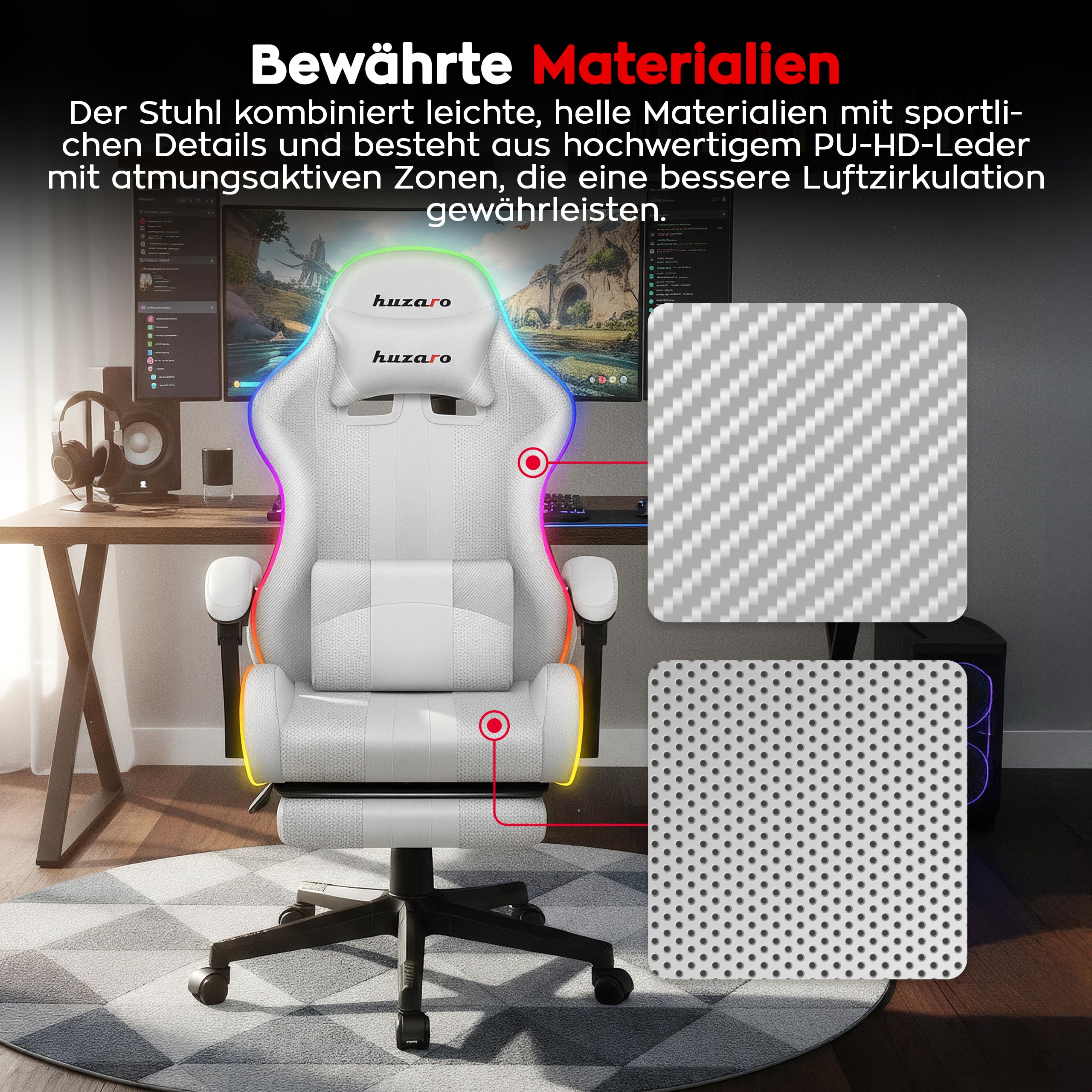 huzaro Force 4.7 RGB Gaming Stuhl - Ergonomischer Bürostuhl & PC Stuhl | Schreibtischstuhl für Gamer - Bis 150 kg belastbar - Mit ausziehbarer Fußstütze & Lendenkissen - Stoff Mesh – Weiß