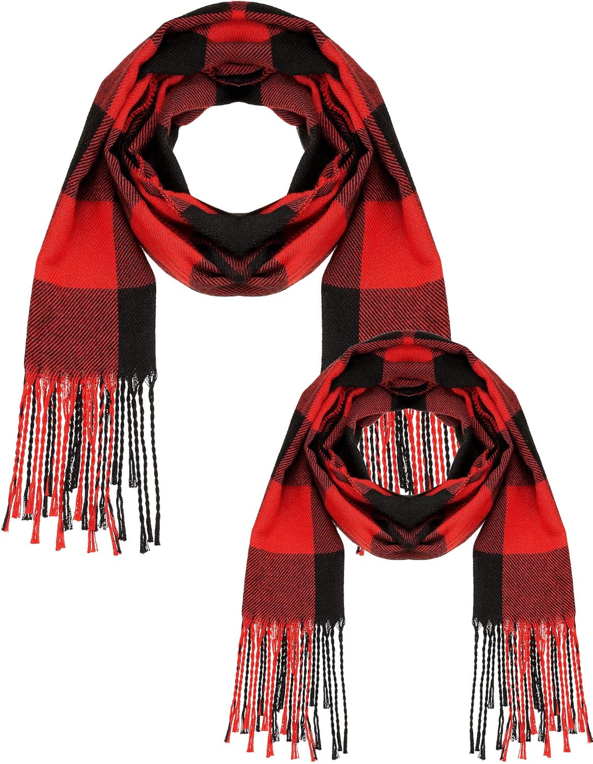 2 Pack Kids Plaid Warm Scarf Cashmere Feel Shawls Scarves Unisex Winter Wraps (Red and Black Square)