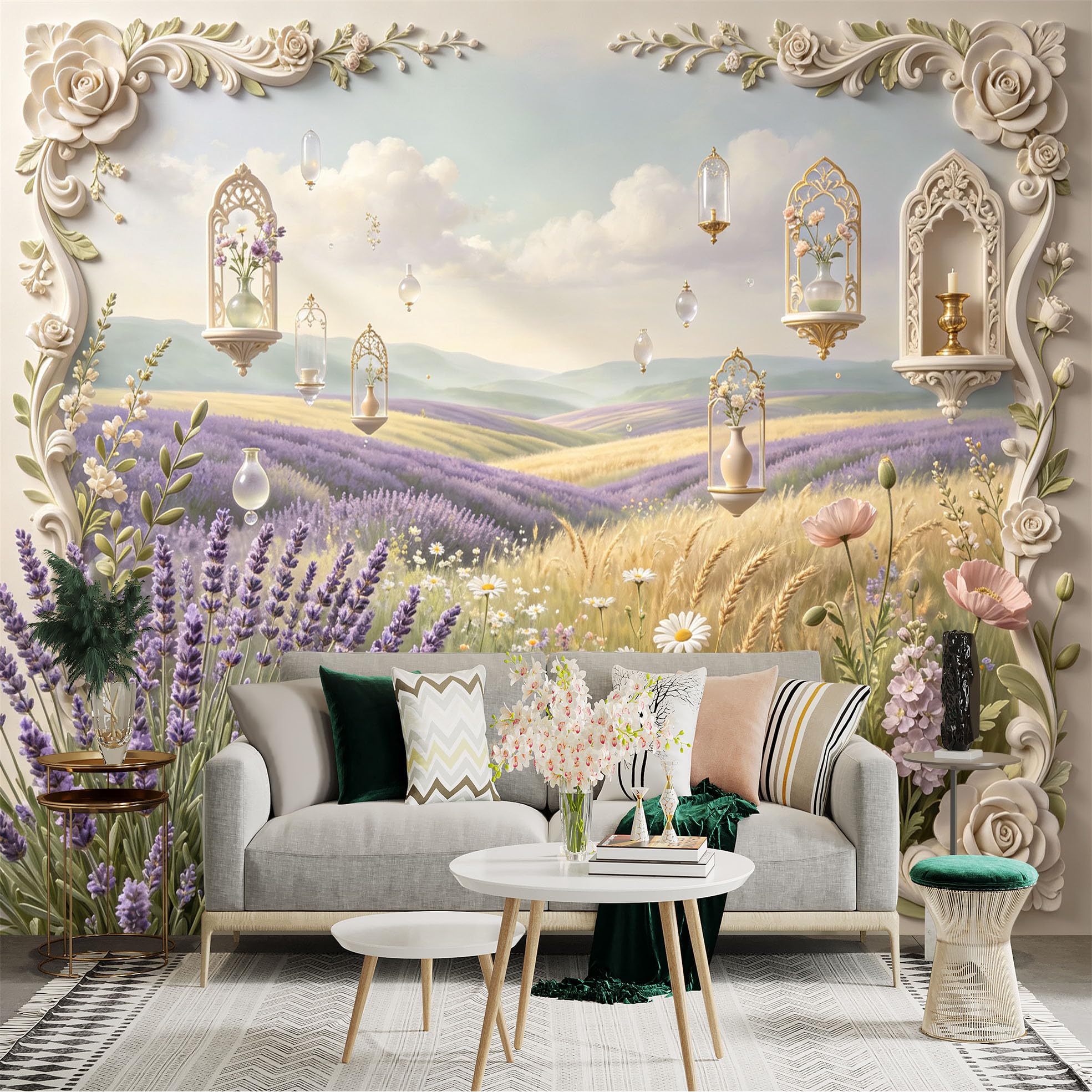 Lnzczhyre Bh260719400 Custom Size Wall Sticker Mural， Lavender Fields With Hanging Vases And Floral Ornaments， For Wall Decoration， Peelandstick Wall Decals.