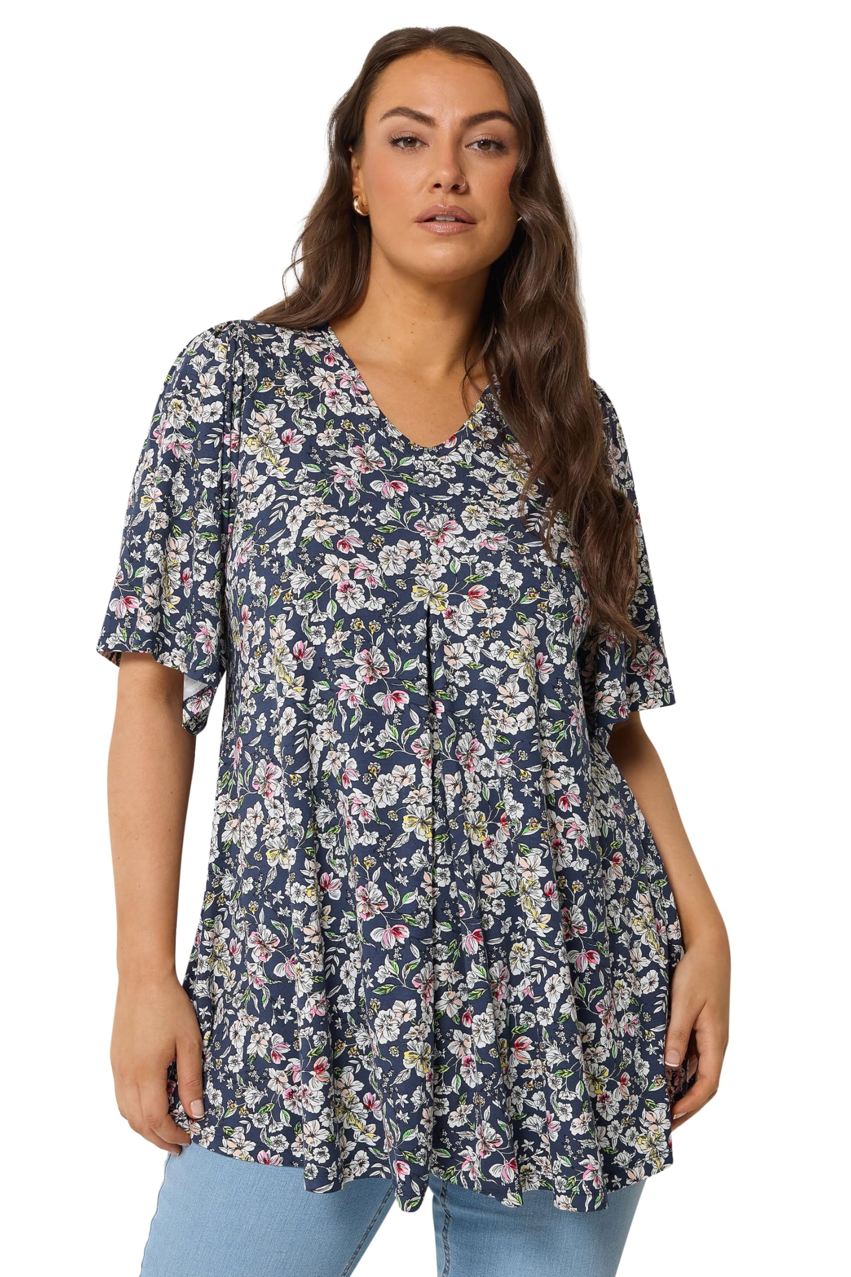 Yours Curve Blue Floral Pleat Front Top - Women's - Plus Size Curve